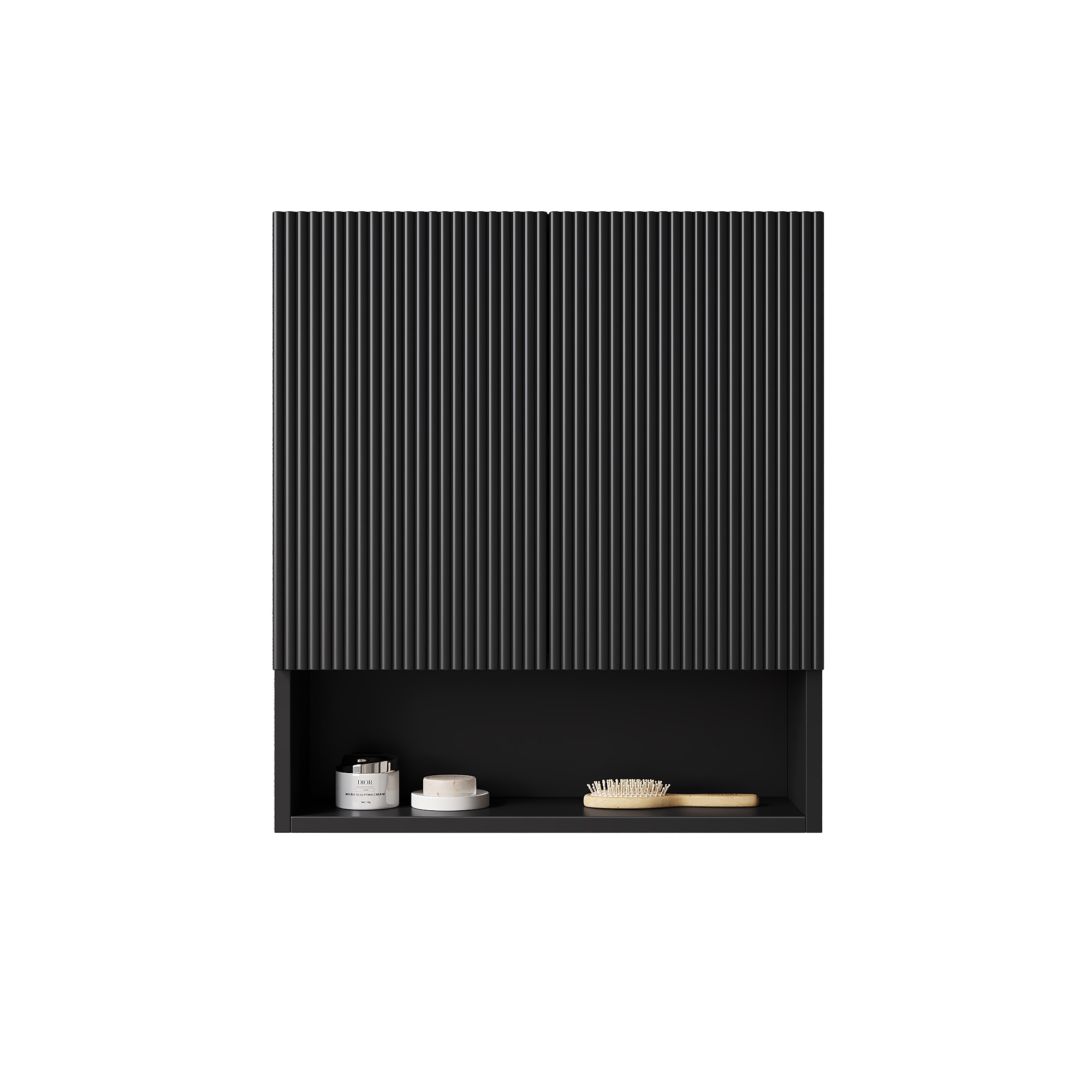 LUXEYARD WallMounted Striped Bathroom Cabinet with Doors Shelf and Open Storage Compartment Over The Toilet Storage Cabinet for Bathroom Kitchen Laundry Room Black Color