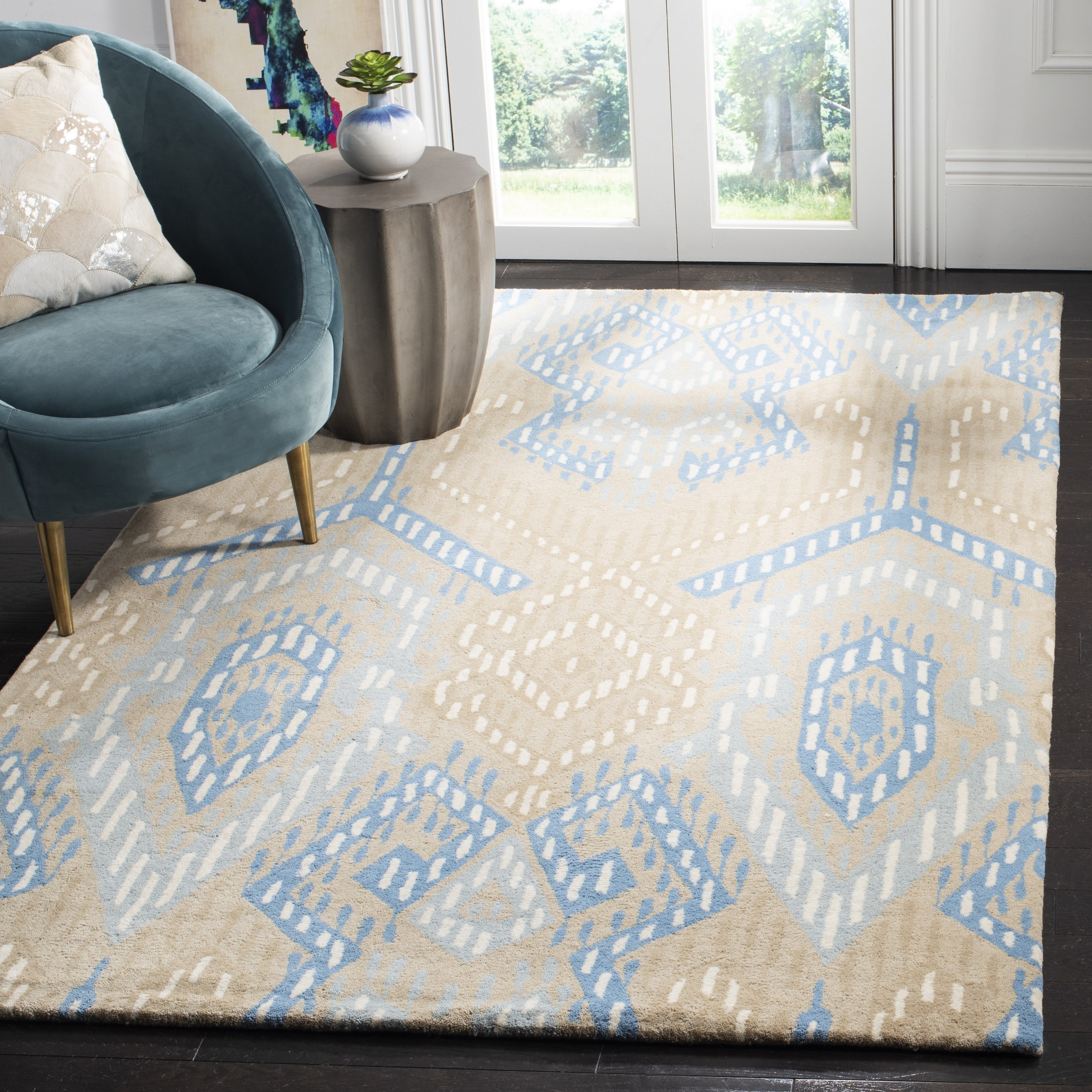 Safavieh WYD373B-5 Wyndham Corby 5 x 8 (ft) Tufted Wool Beige/Blue Rectangular Indoor Bohemian/Eclectic Area rug