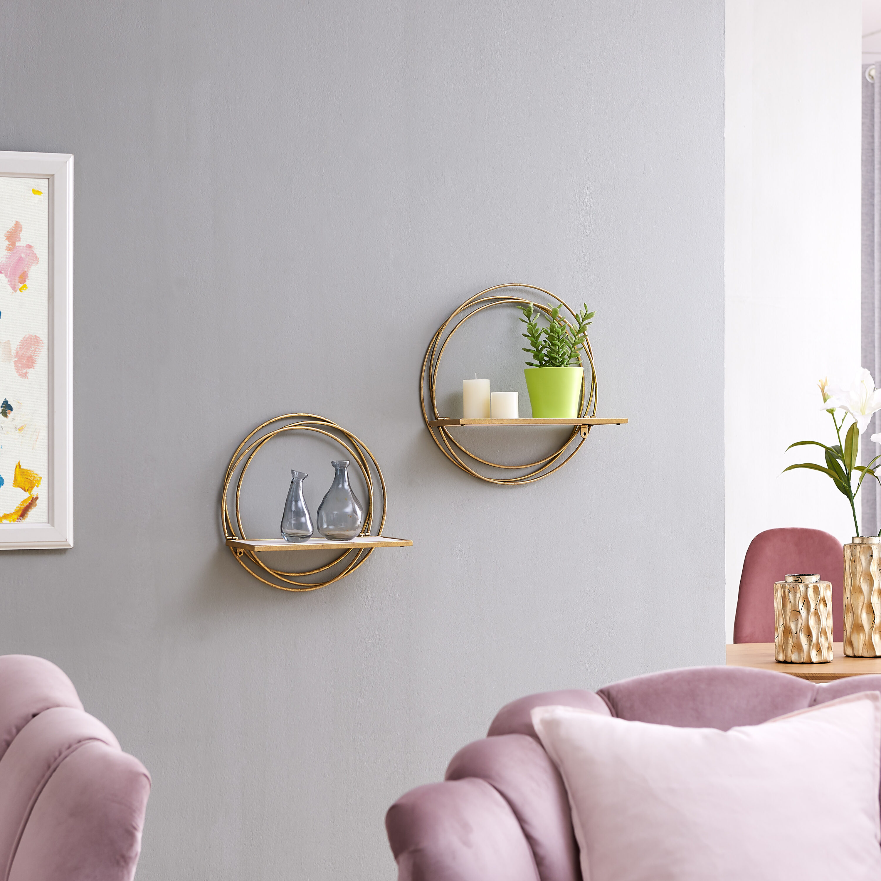 Gold Metal Rings Floating Wall Shelves with Whitewash Wood