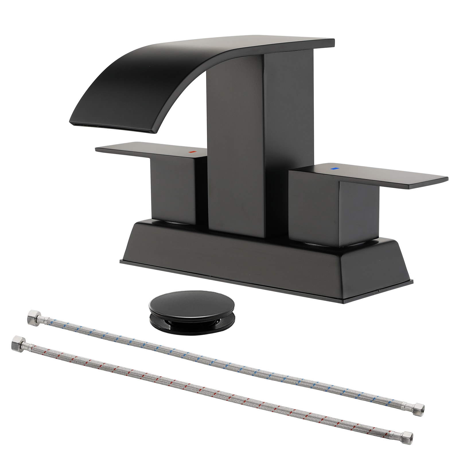 WELLFOR SPA-23004B Matte Black 4-in centerset 2-handle Waterfall Commercial/Residential Handle Bathroom Sink Faucet with Drain with Deck Plate