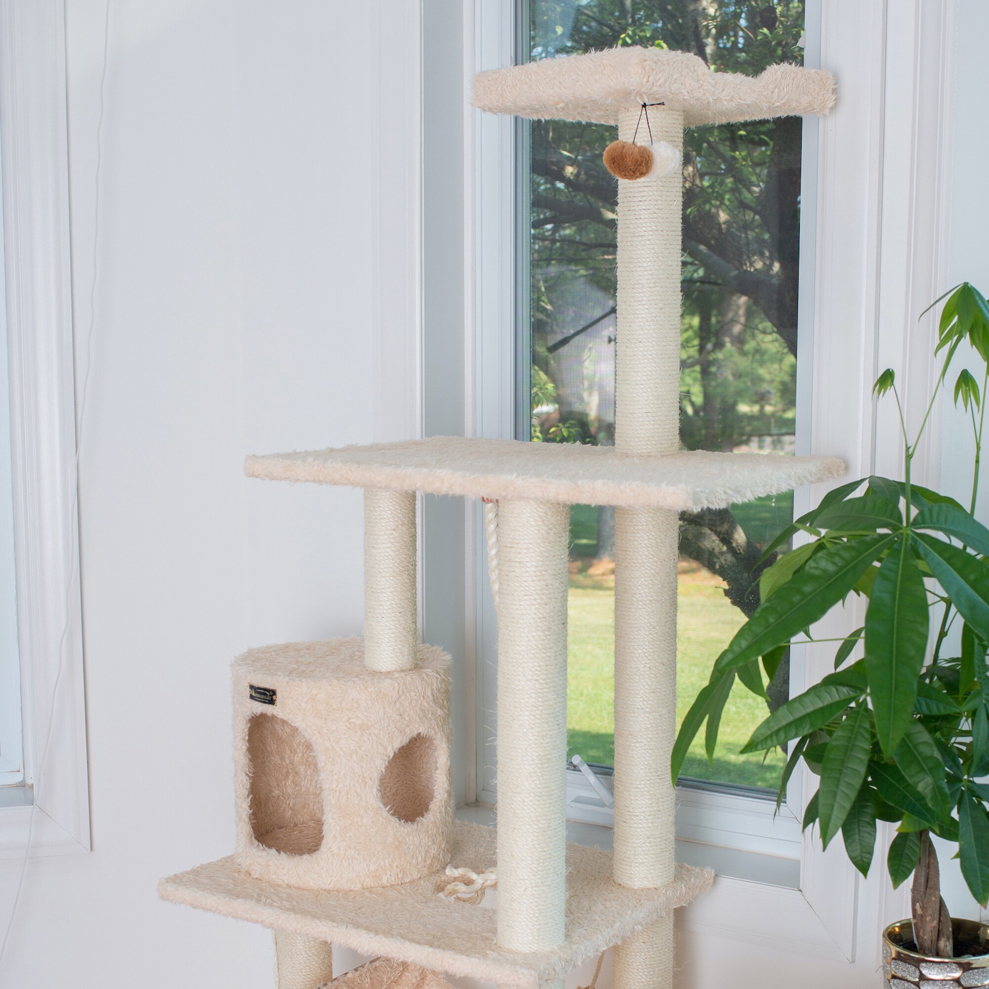 70'' Beige Faux Fur Multi-Level Cat Tree with Sisal Posts