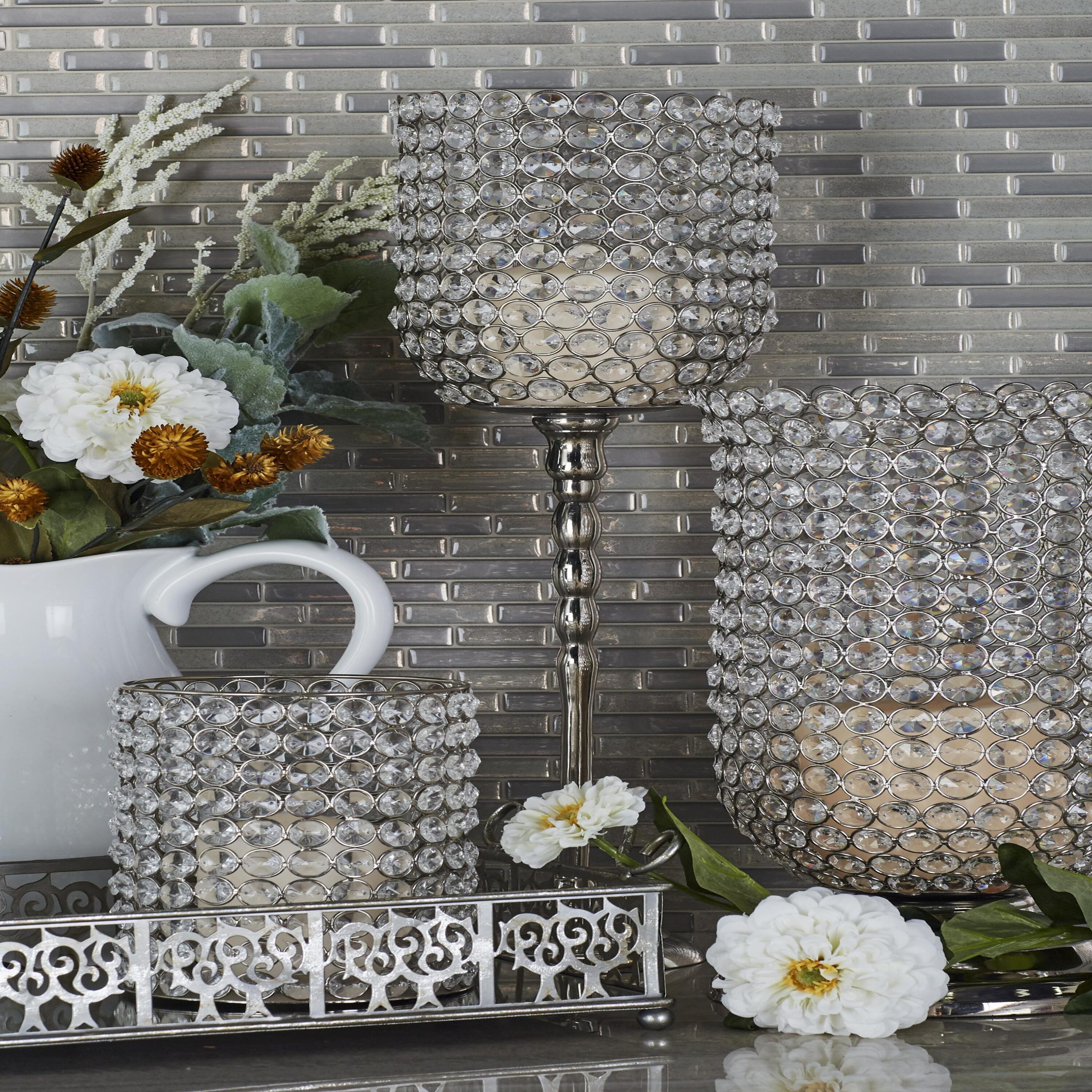 Silver Crystal Hurricane Candle Holder with Aluminum Base, 19"