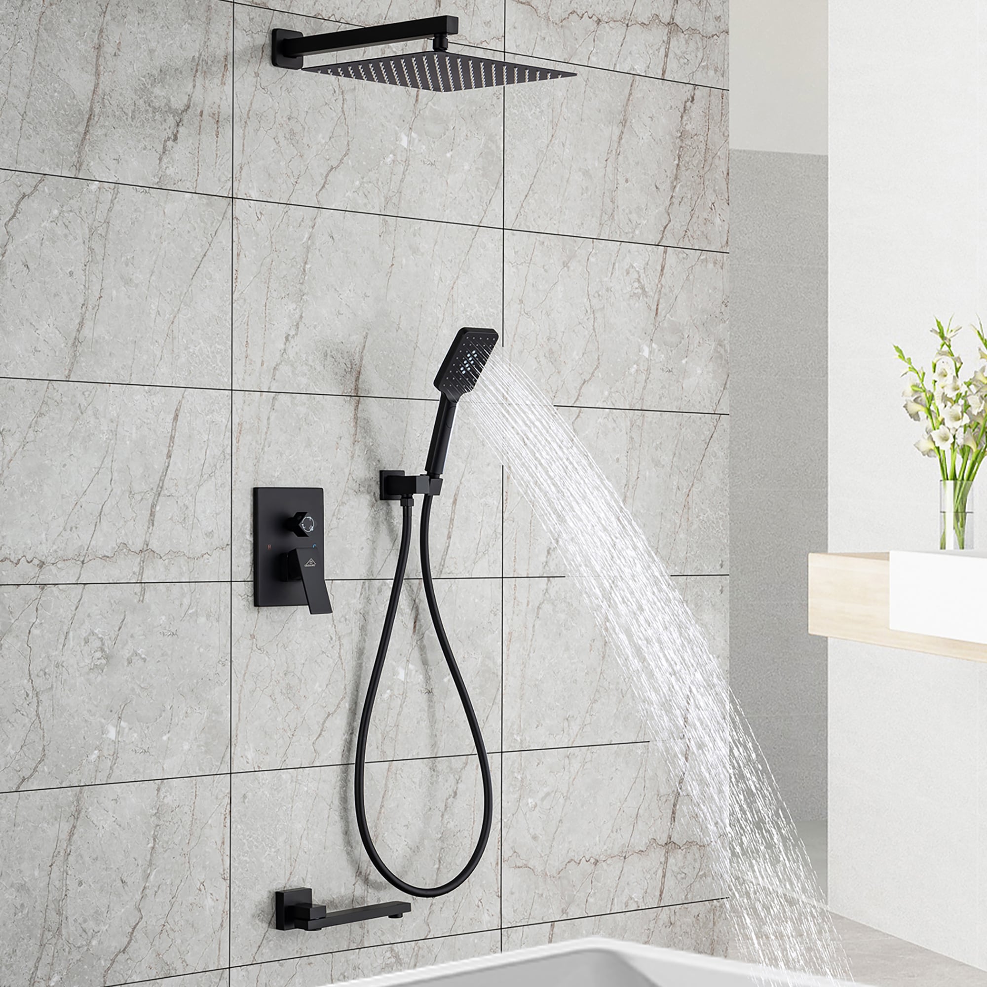 CASAINC CASA09MB Matte Black 12-in Waterfall Dual Head Built-In Shower Faucet System with 3-way Diverter ( Pressure-balanced Valve Included )