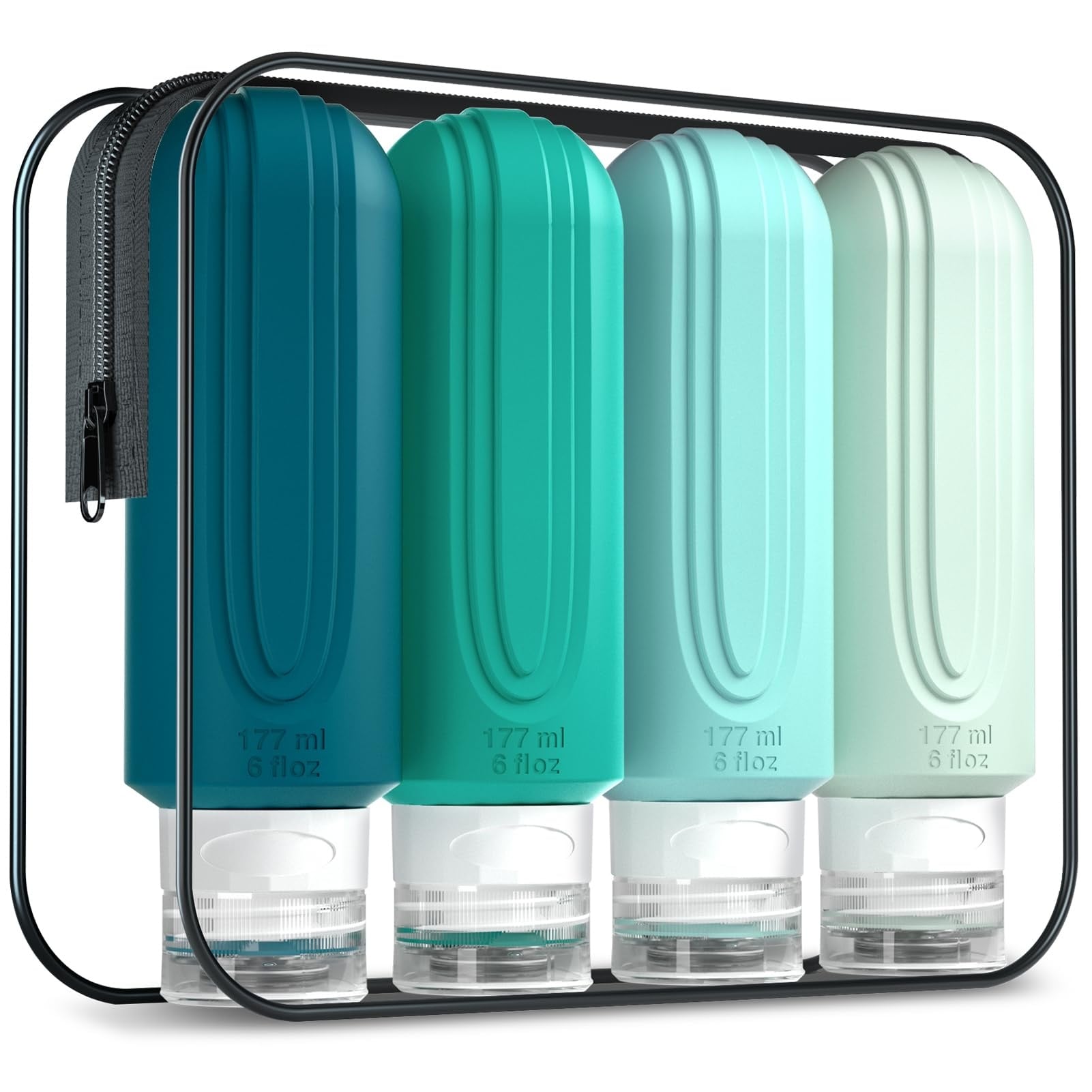 Phyfalip Travel Bottles 6oz Oversize Leak Proof BPA Free Silicone Refillable Containers with Toiletry Bag for Shampoo Lotion Soap 4 Pack #X05PF12080