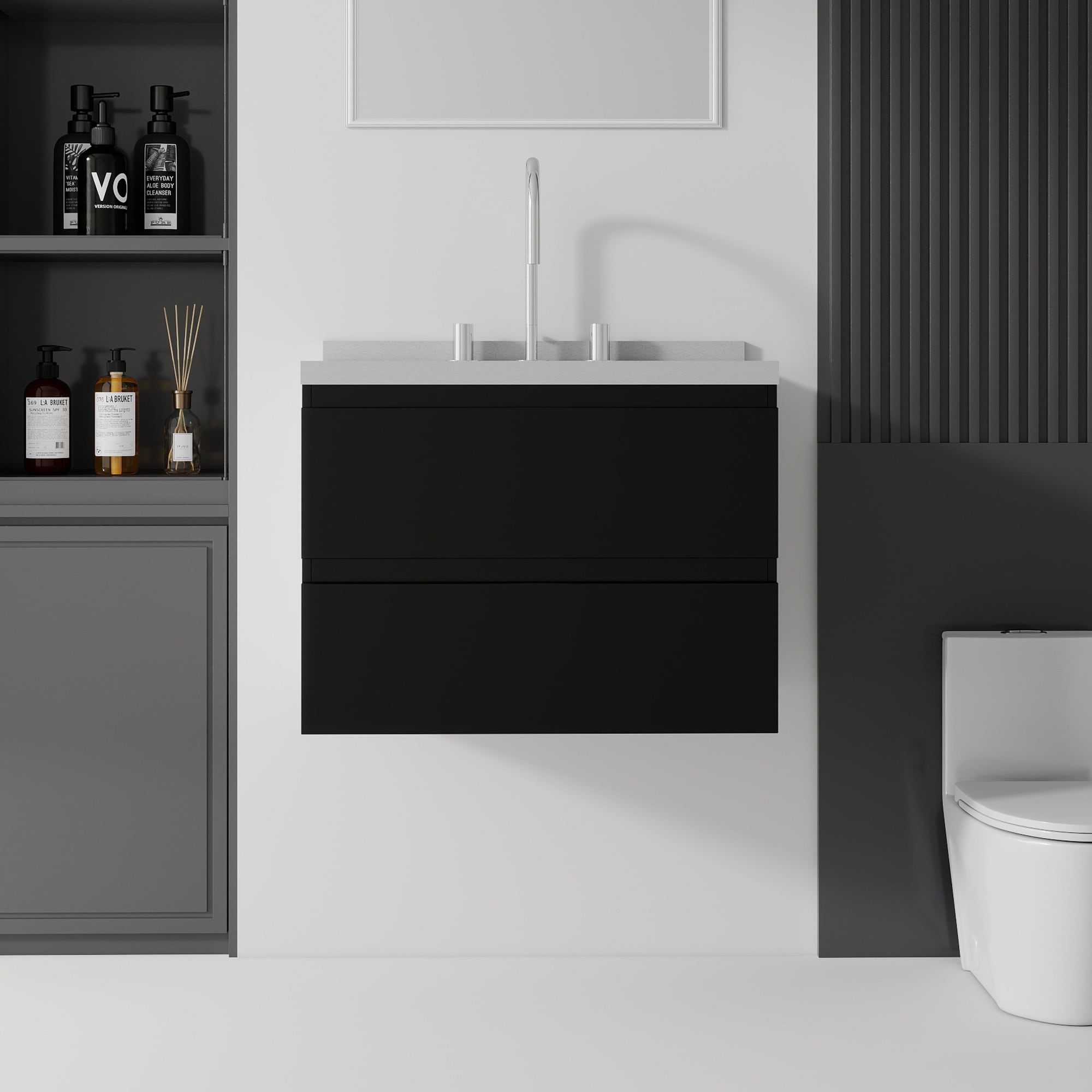 Vynxaria - 24-in Black Single Sink Floating Bathroom Vanity with White Cultured Marble Top