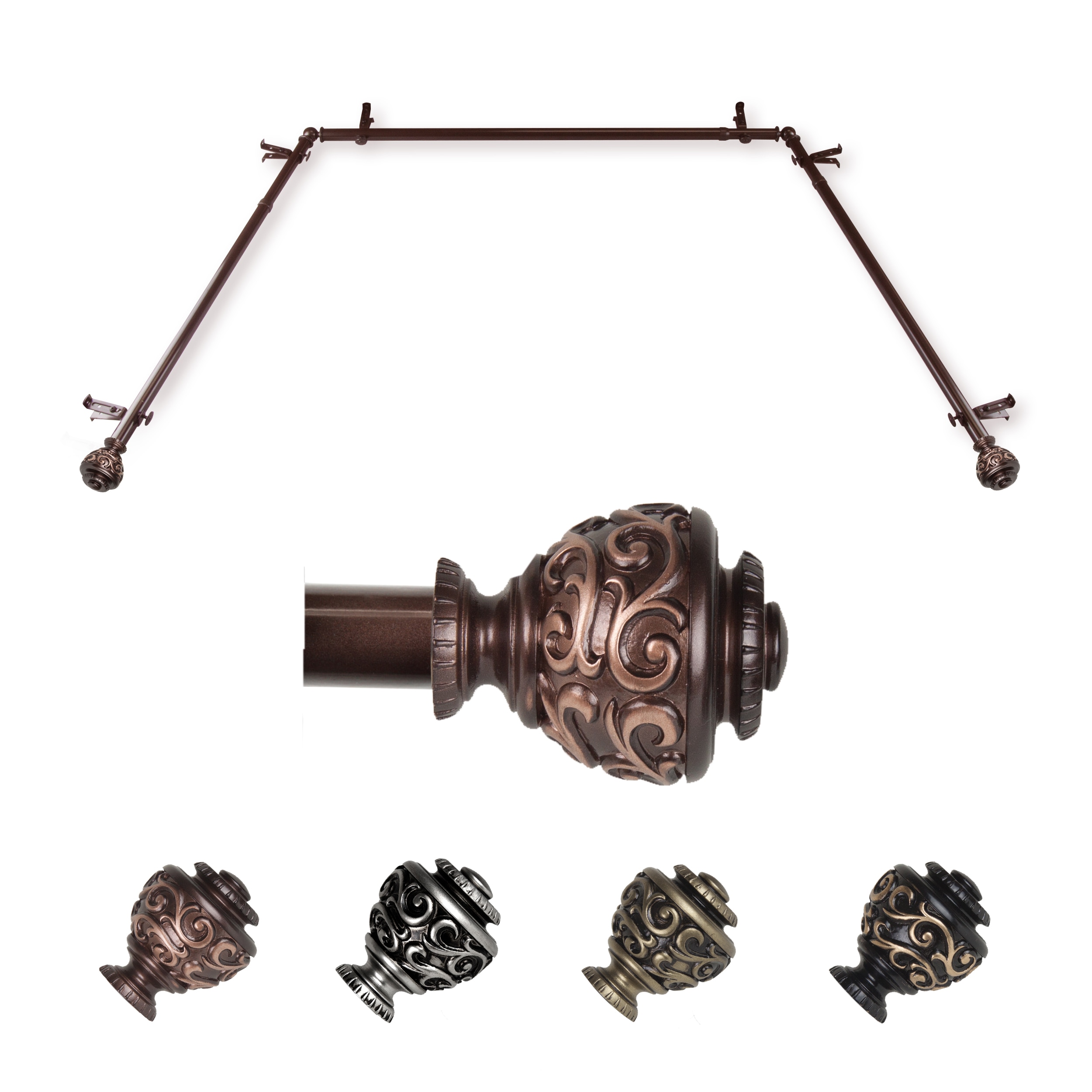 Hart & Harlow LO-ABAY-89-7 72-in to 144-in Cocoa Steel Bay window curtain rod with Finials