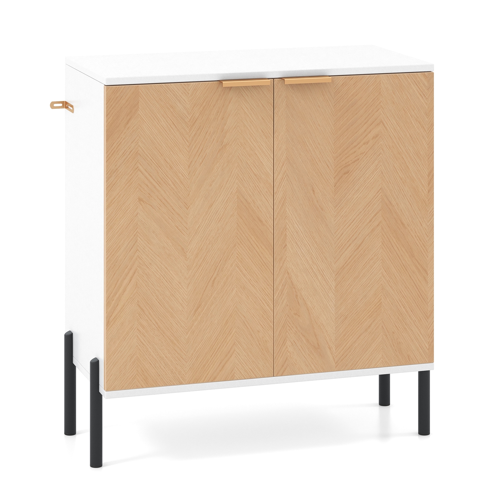 Slickblue D-CO-GY45611VJ White and Natural Buffet Sideboard Cabinet Black and Natural Engineered Wood MDF Metal 2 Doors Shelf for Dining Room or Kitchen