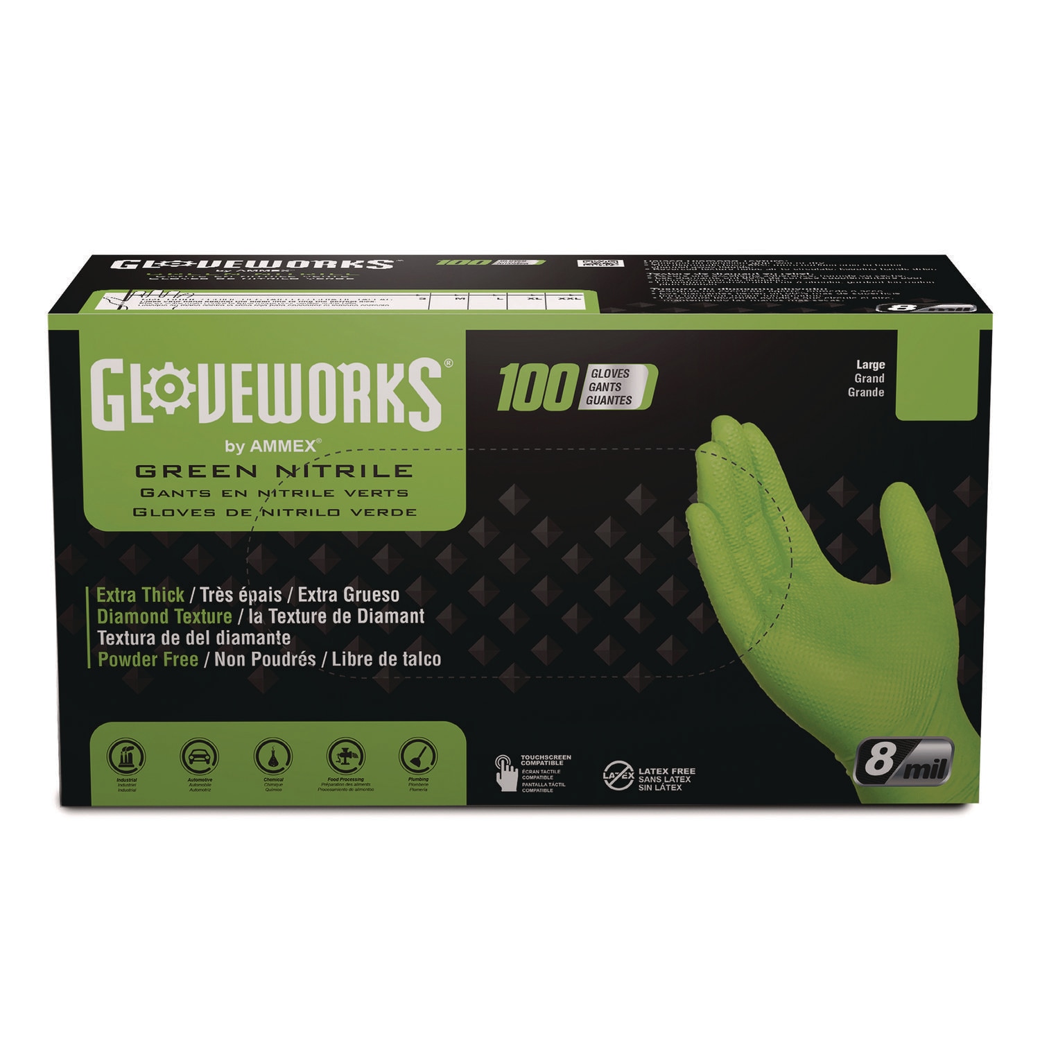 Gloveworks Heavy-Duty Industrial Nitrile Gloves Powder-Free Medium 8 mil Thick 9.5 in Long Green 100/Box 10 Boxes/Carton