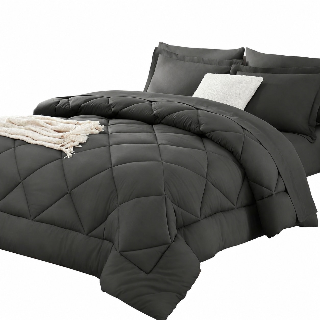Etokfoks  Dark Grey Queen Microfiber Comforter Set 7 Piece Bed in a Bag with Sheets and Pillow Shams