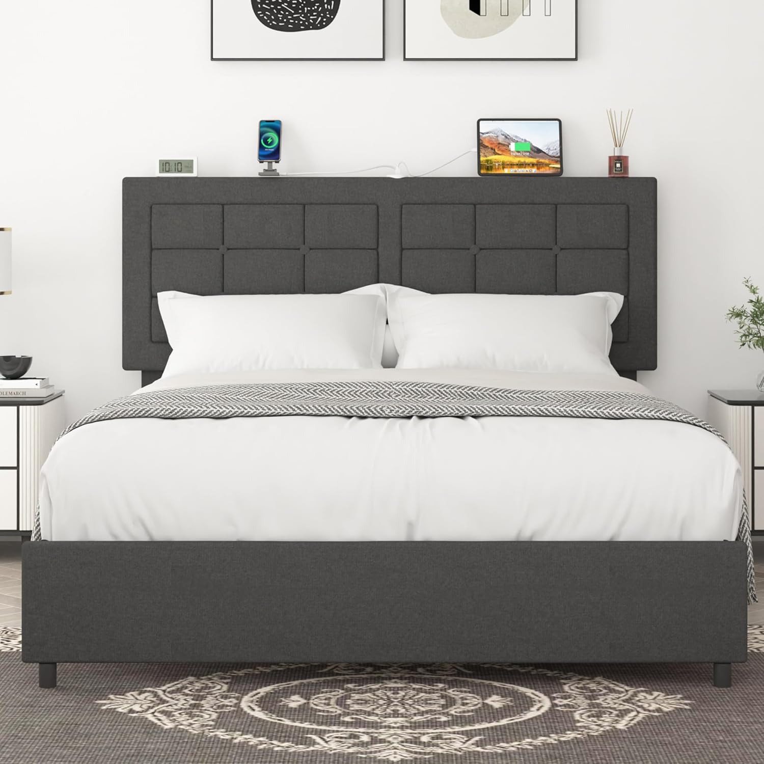 Vecelo LOE-RQ01-USB-GRY Full Size Bed Frame with Headboard Built in Charging Station with Strong Wood Slats Support Gray