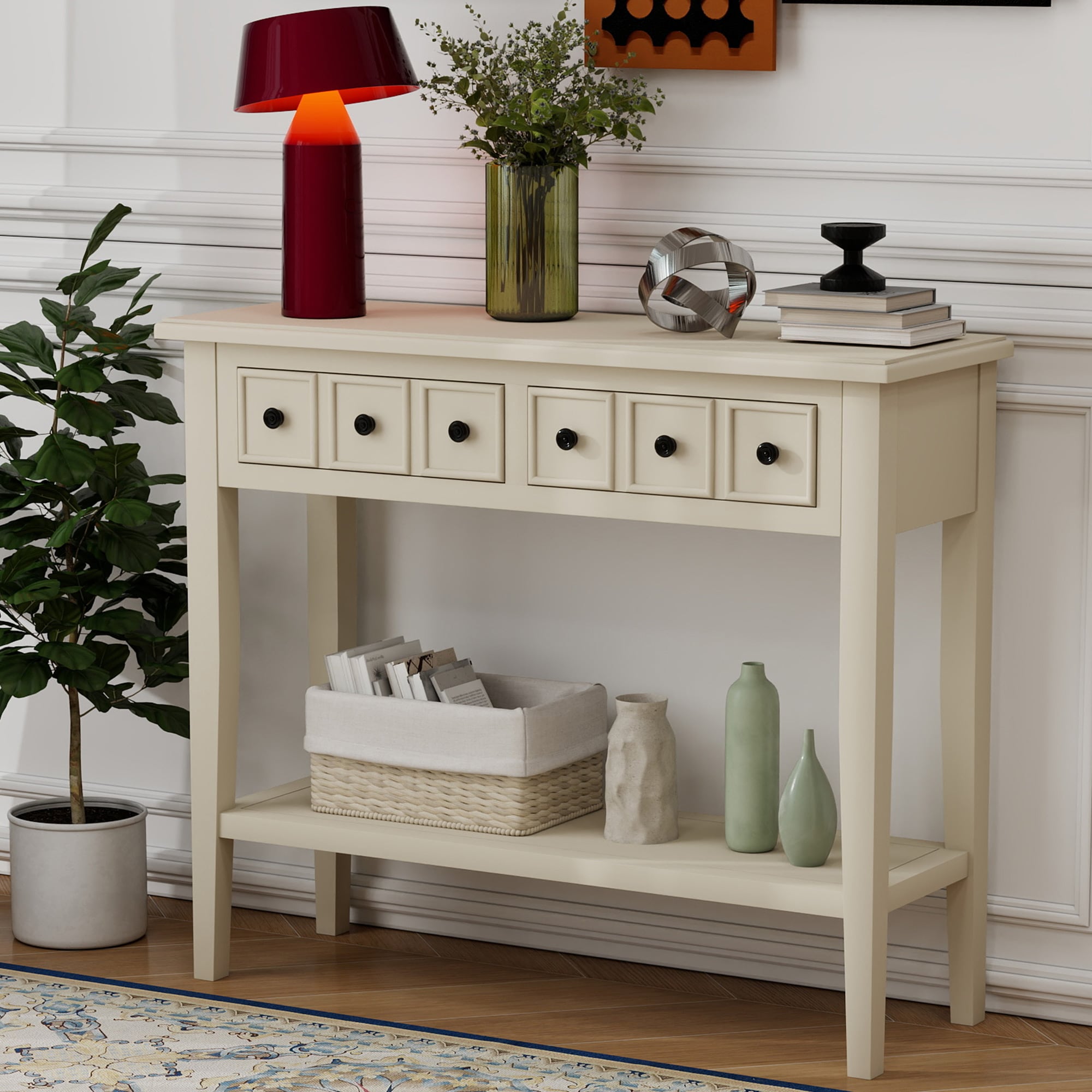 ModernLuxe N715P205077E Entryway Table with 2 Drawers Rustic Console Table with Open Shelf and Rubber Wood Legs for Entryways Living Rooms and Hallways Light Tan