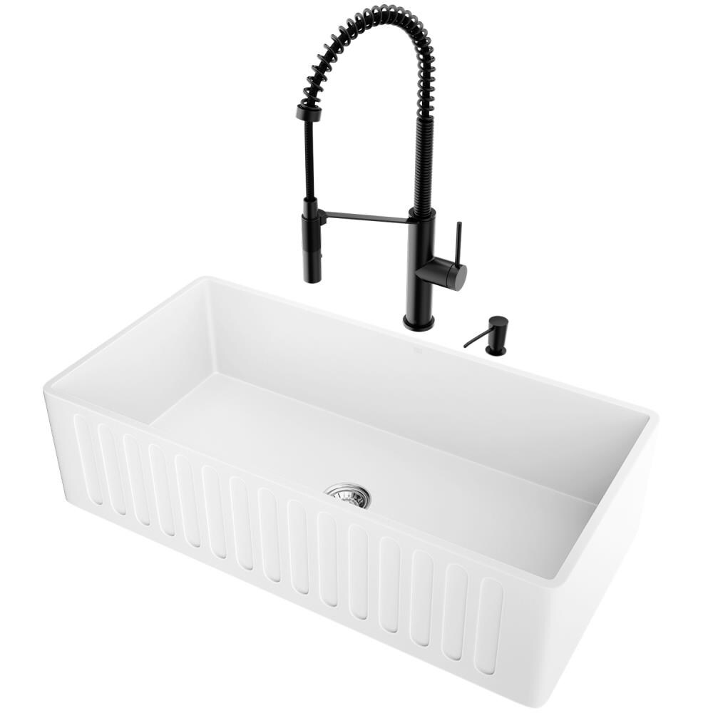 VIGO VG15744 Matte stone Farmhouse apron front 36-Inches x 18-Inches Matte white Composite Single bowl No Faucet Hole Workstation Kitchen Sink All-in-One Kit