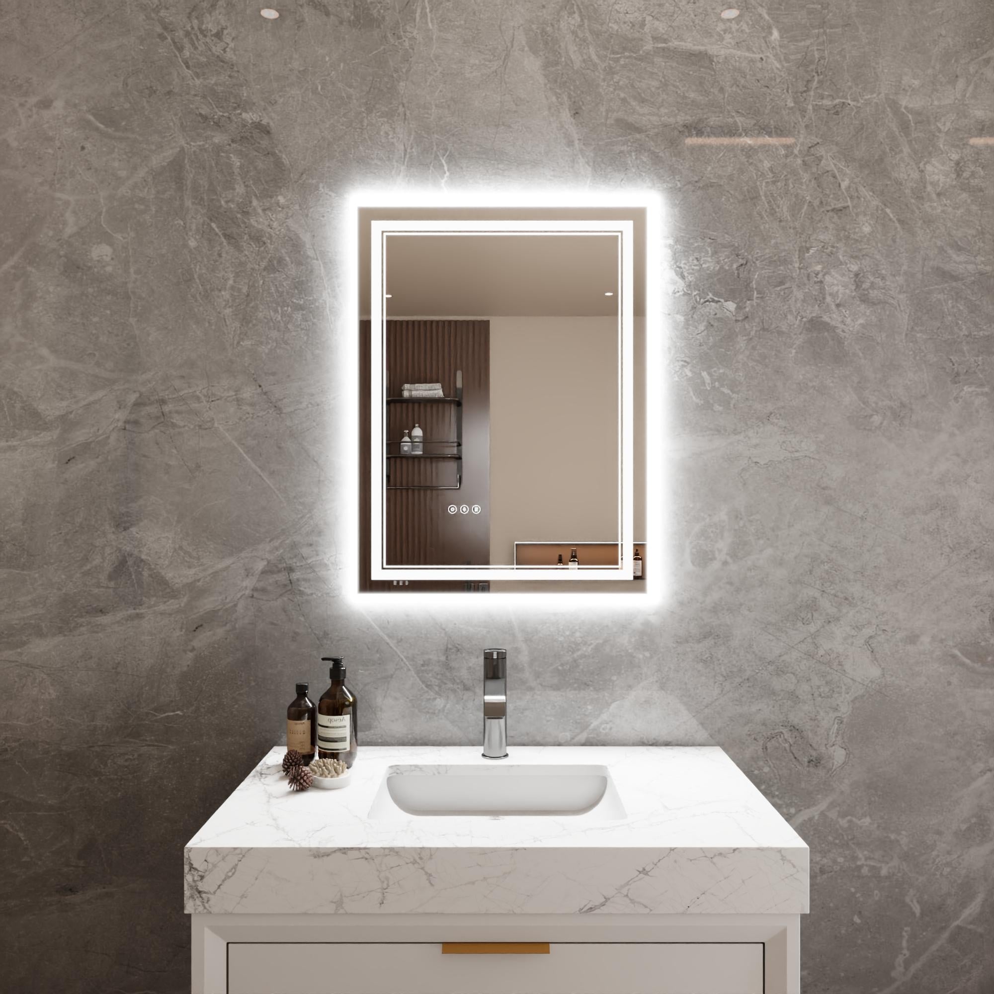 Bayfeve BFXB-12S2432-MIR Modern Multifunction LED Bathroom Mirror 23.9-in x 31.89-in Polished Frameless Rectangle Dimmable LED Lighted Fog Free Bathroom Vanity Mirror ( Silver )