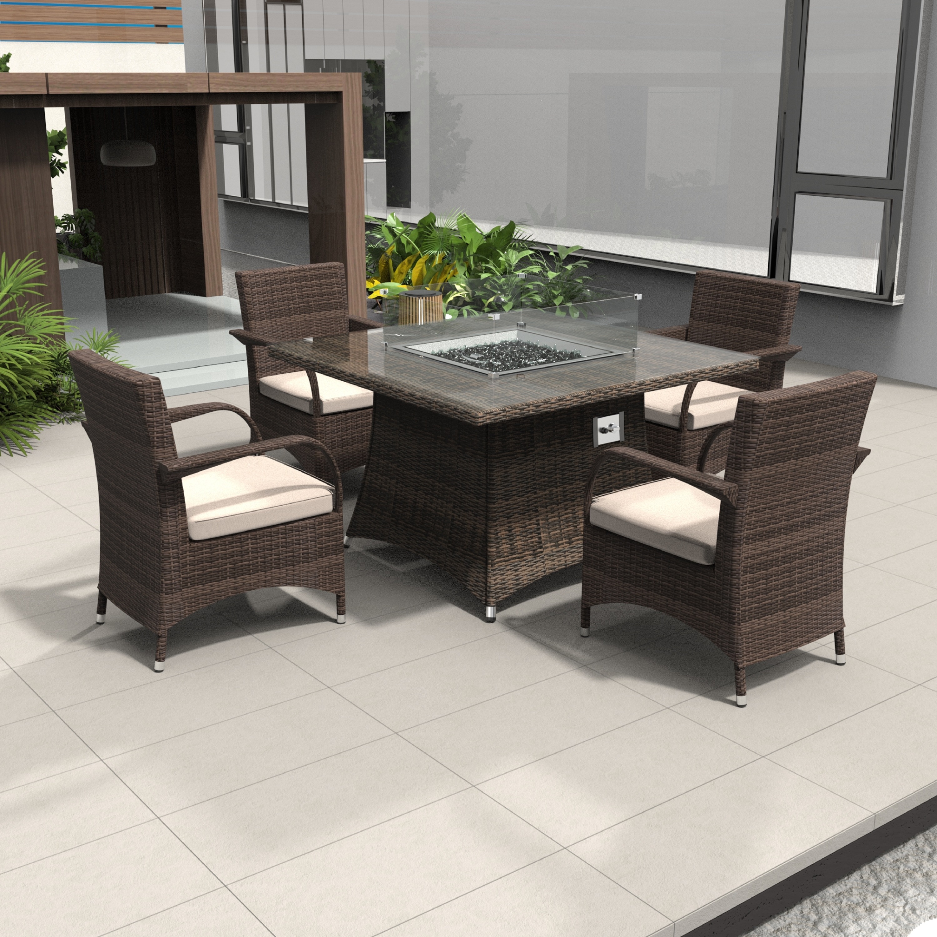 Moda Furnishings MPAG-1104-1123 5 -Piece Brown Wicker Patio Dining Set Wicker Square Table with 4 Beige Cushions Stationary Chairs Fire Pit Included