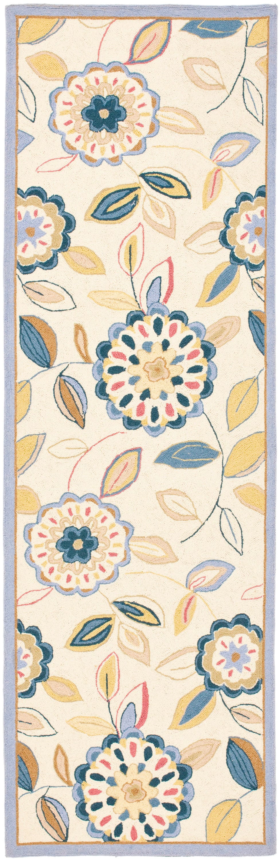 Ivory and Blue Floral Wool Runner Rug, 2'6" x 8'