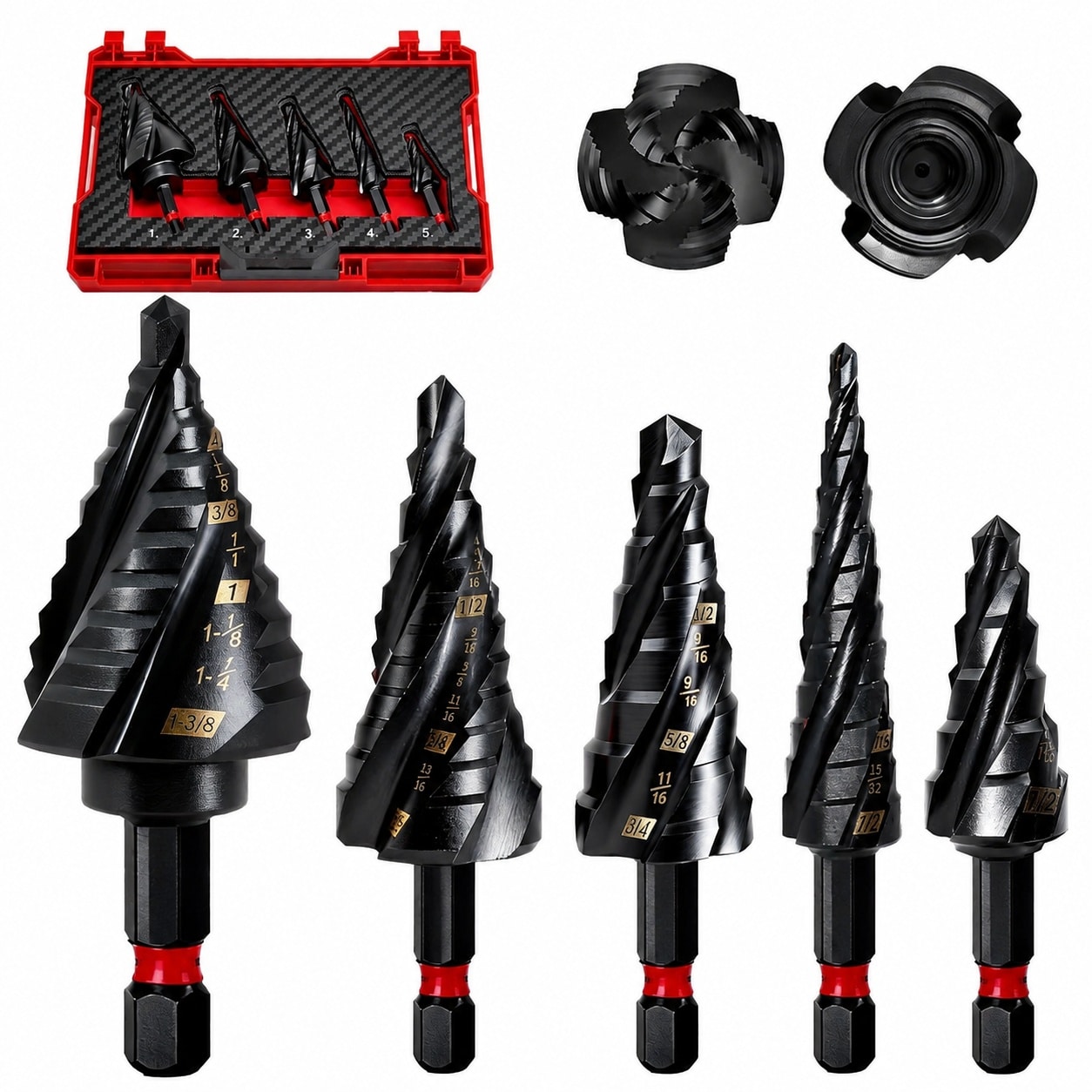 SenQWFa  Step Drill Bit Set One eighth to One and Three eighth inch Five Pieces Spiral Flute High Speed Steel with Aluminum Titanium Nitride