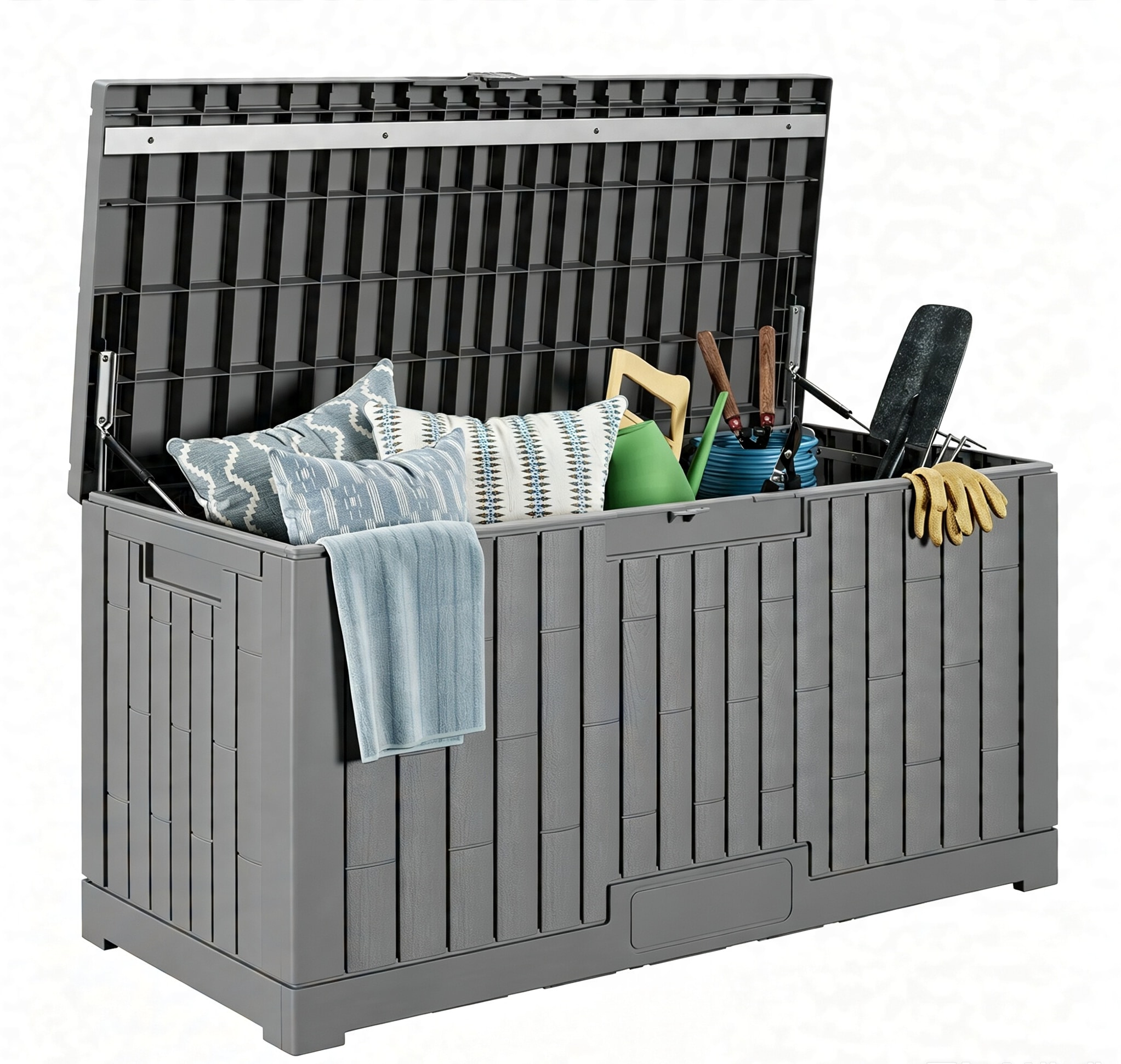 LAUSAINT HOME  100 Gal Resin Deck Box, Lockable Outdoor Storage for Garden Tools & Patio Cushions (Gray)