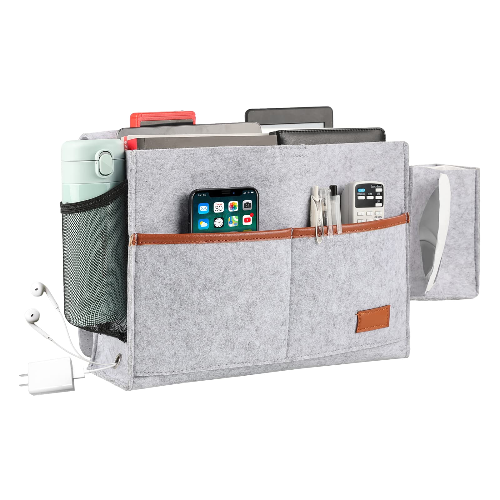 LILILIAN FMY  Felt Bedside Caddy Organizer with Tissue Box and Water Bottle Pocket for Mattress Sofa Bunk Bed Light Gray durable home and garden