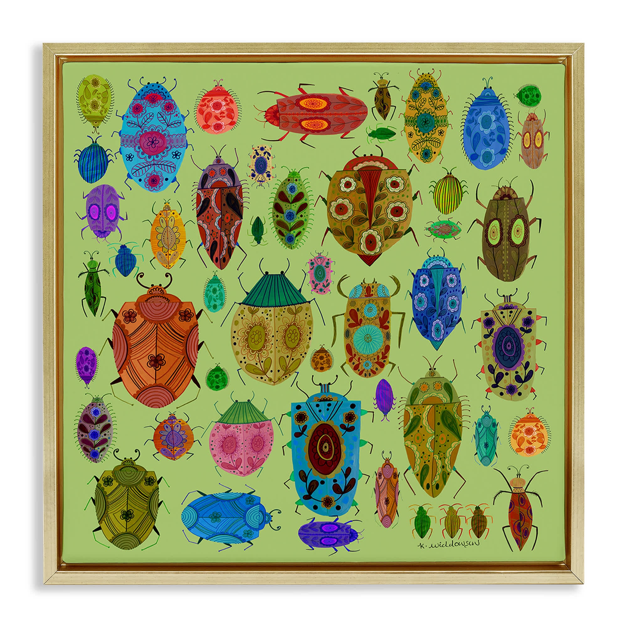 Stupell Industries BS-596-FFG-17X17 Flowery Bugs and Insects Gold Framed Floater Canvas Wall Art By Kay Widdowson 18 x 18