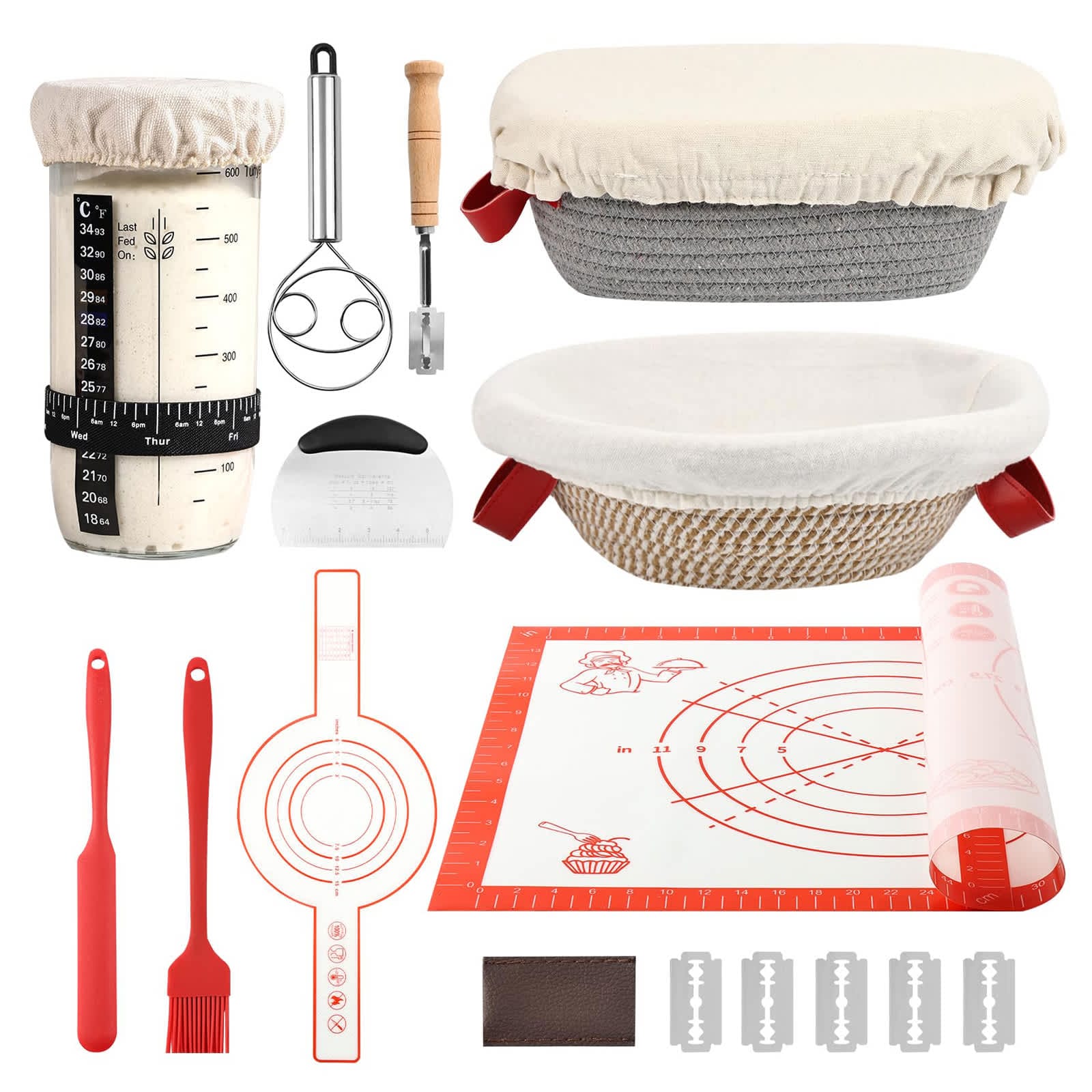 Etokfoks Sourdough Bread Baking Kit with 10 Inch Oval Round Proofing Baskets Liners Covers Starter Jar Tools for Healthy Homemade Bread #ETBB111023