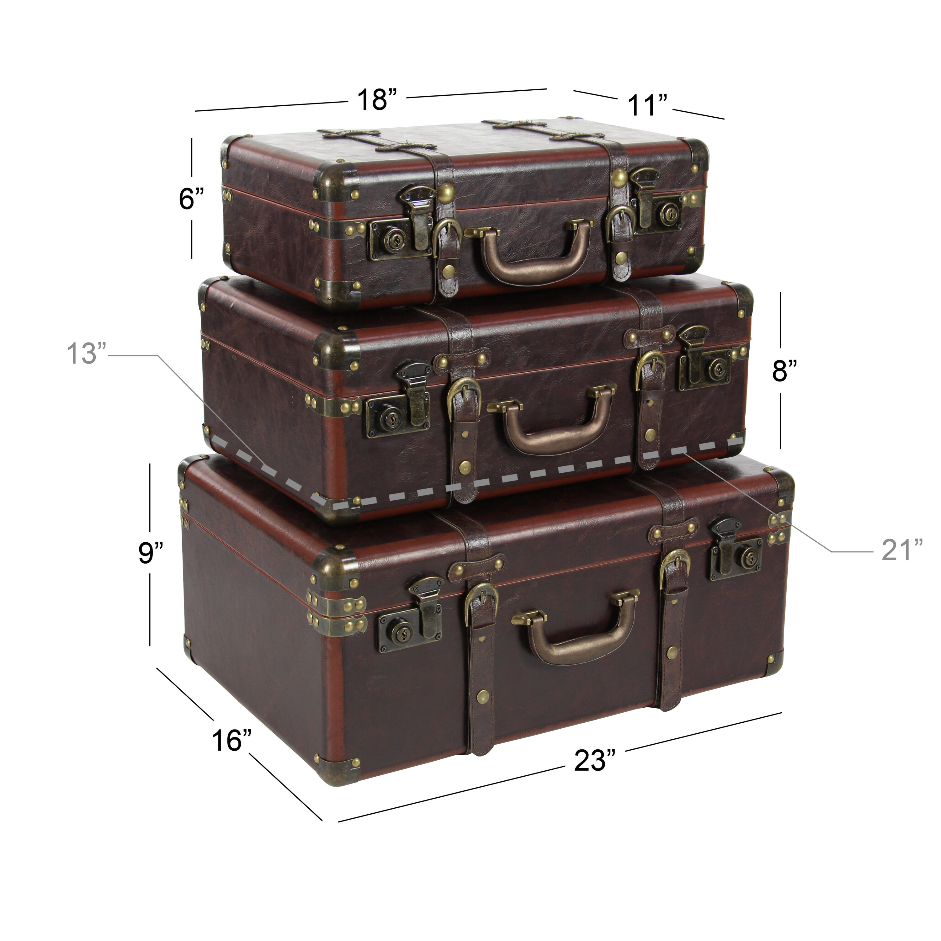 Vintage Charm Nested Faux Leather Trunks, Set of 3, Brown with Stud Accents