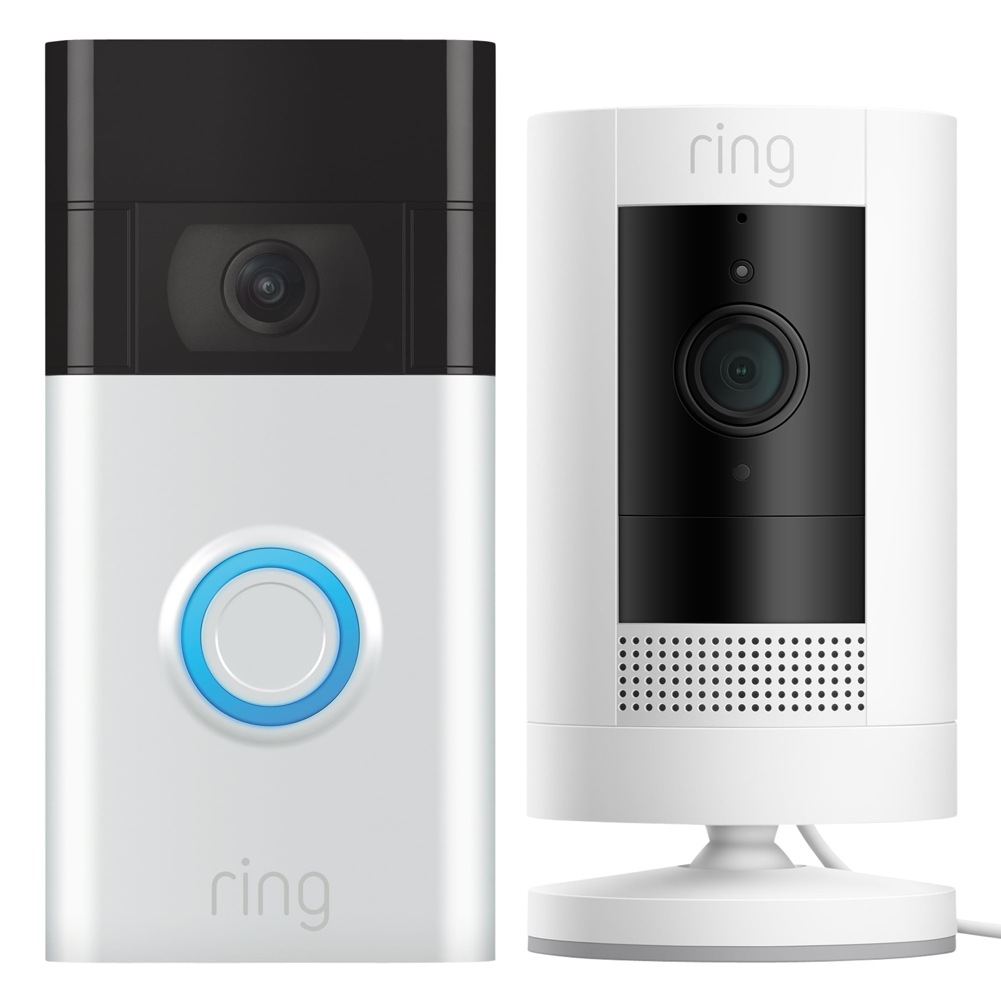 Ring Video Doorbell - Satin Nickel + Stick Up Camera Plug-in - White Bundle