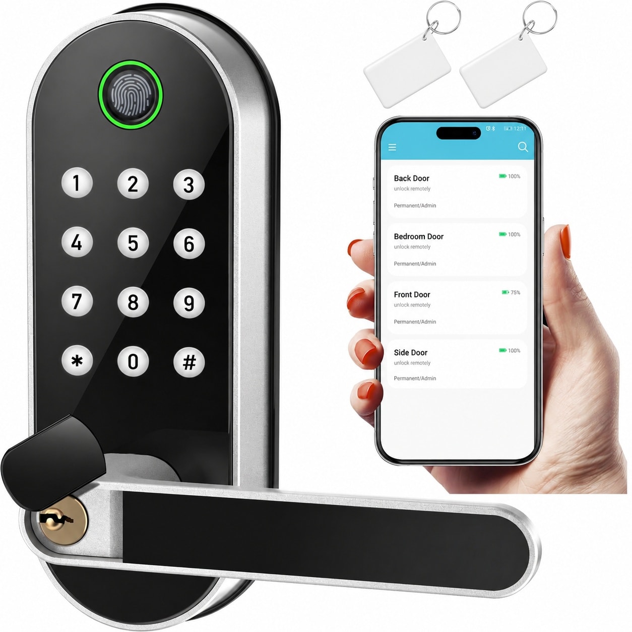 Justincity  Bluetooth Smart Door Lock with Handle and Keypad Fingerprint Biometric Deadbolt Knob for Front Door Keyless Entry Digital Electronic