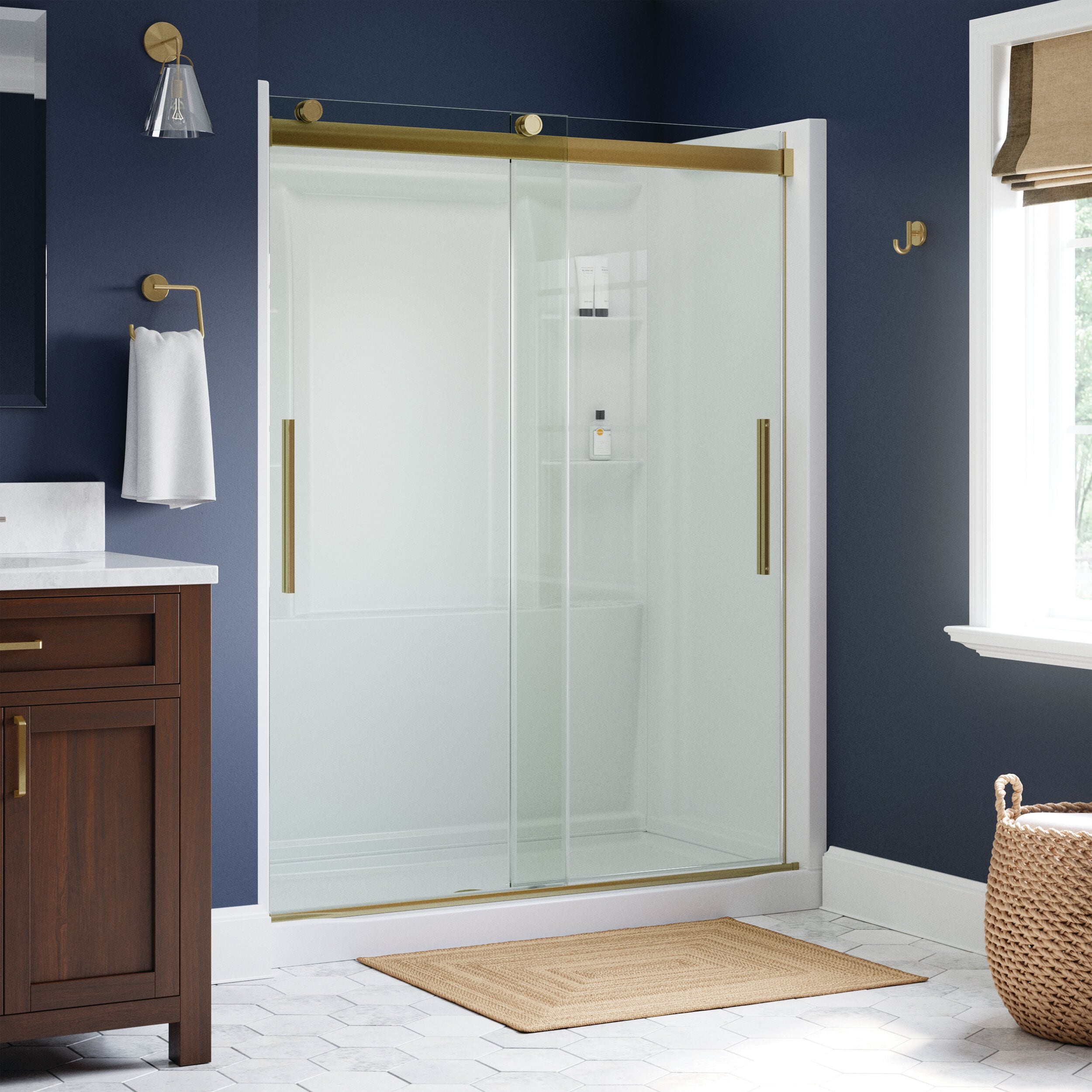Delta SDVS860-MG-R Brushed Gold 1/2-in W x 71.14-in H Frameless Sliding Shower door 5/16-in Thick Clear Glass