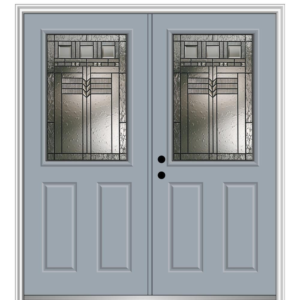 MMI DOOR 68-in x 80-in Low-e Grilles Between The Glass Primed Fiberglass  Center-hinged Right-Hand Inswing Double Patio Door Brickmould Included in  the Patio Doors department at