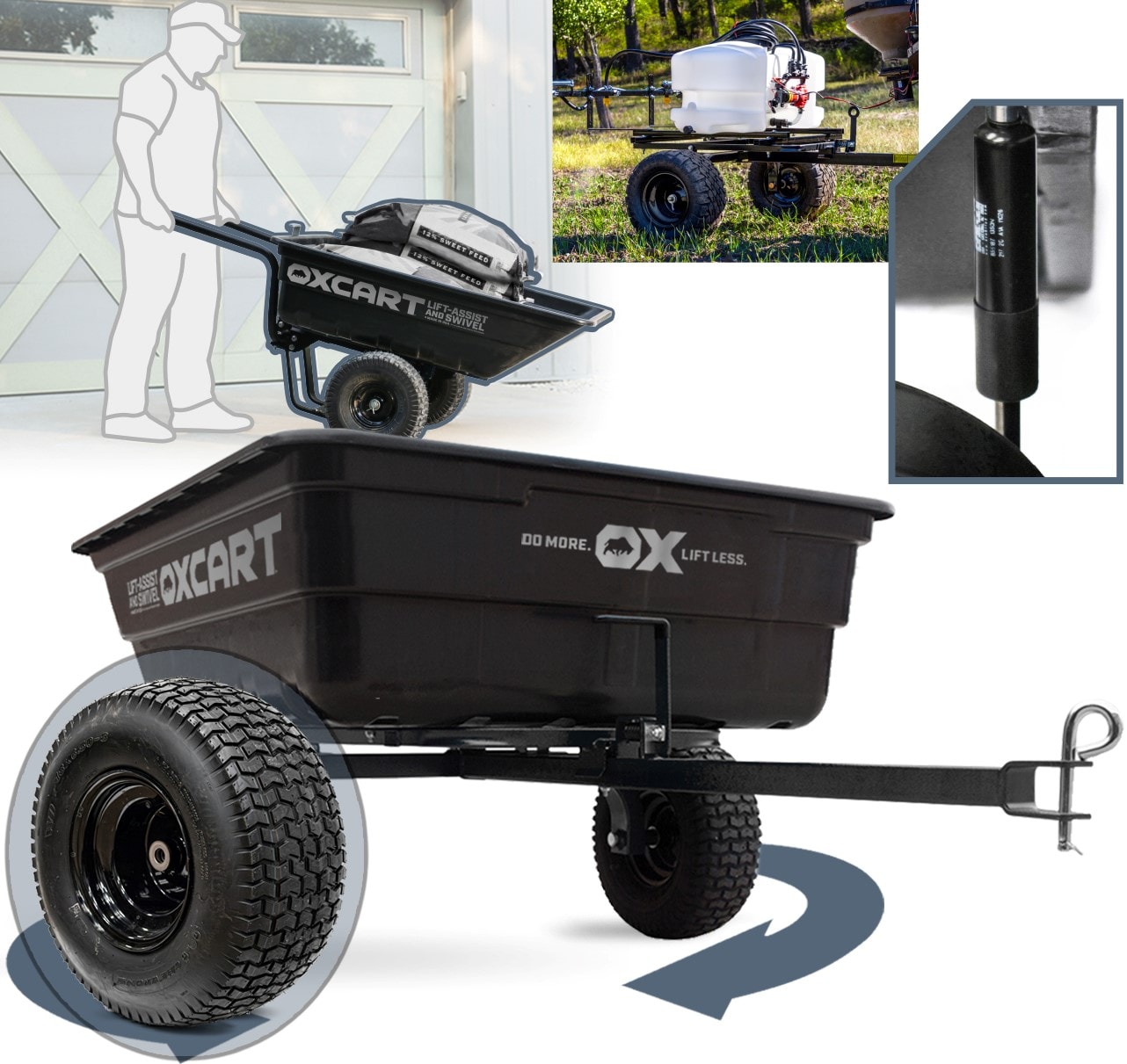 OxCart GTMXH3L218CRF 15-cu ft Polyurethane Dump Cart, Convertible to Push, 1500-lb Capacity, Hydraulic Lift-Assist