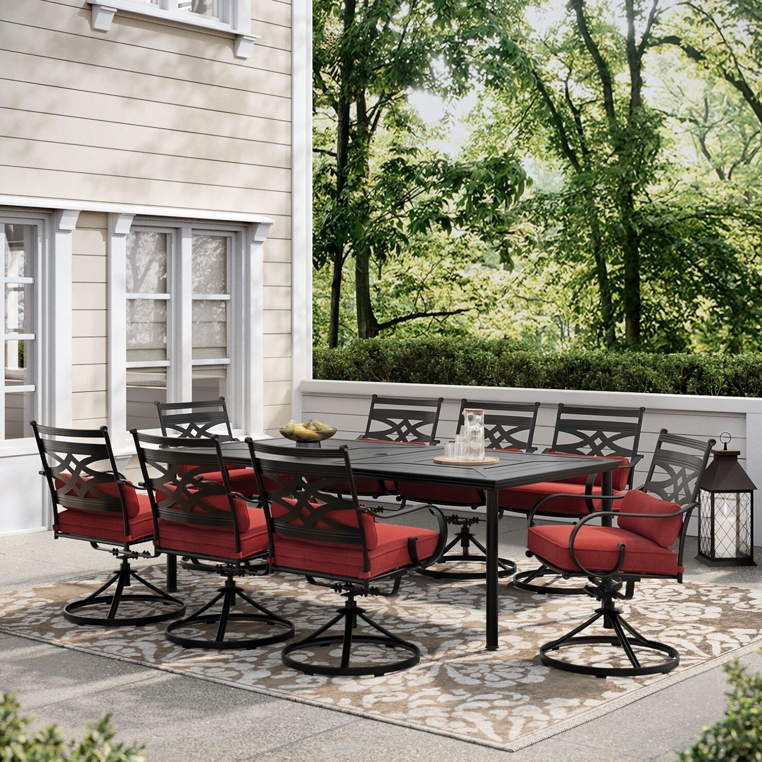 Hanover MCLRDN9PCSW8-CHL Montclair 9 -Piece Dark Brown Patio Dining Set Steel Rectangle Table with 8 Red Cushions Swivel Rocker Chairs