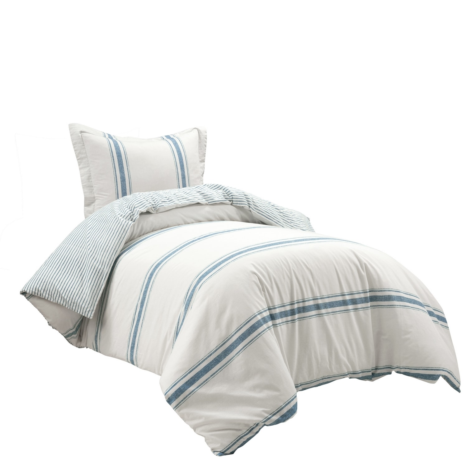 Blue and White Cotton Twin XL Reversible Duvet Cover Set