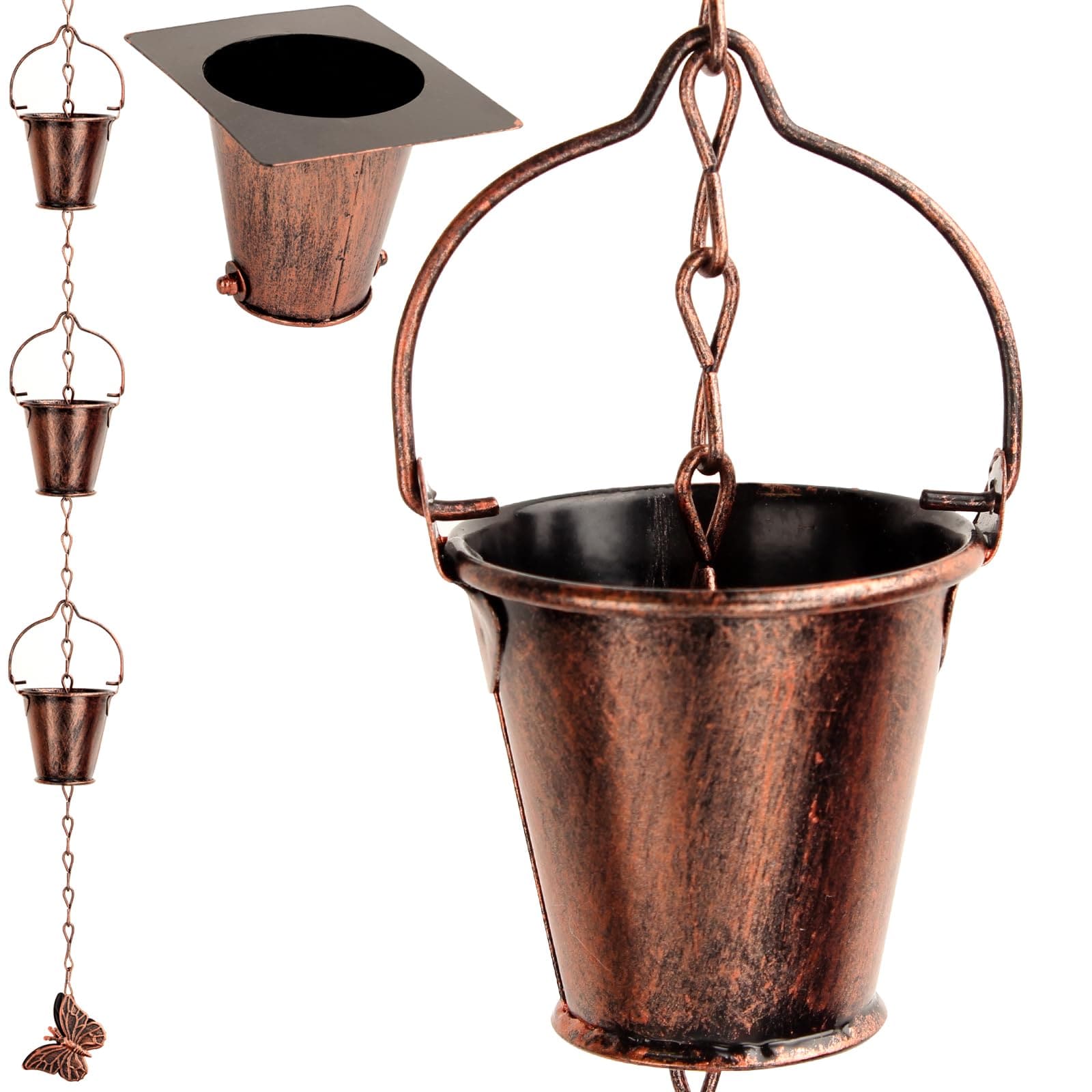 Afoxsos  Rain Chain for Outside 9 FT Set with Adapter and 16 Cup Wrought Iron Brown Rain Chains Gutter Decorative Hangers Butterfly Accent