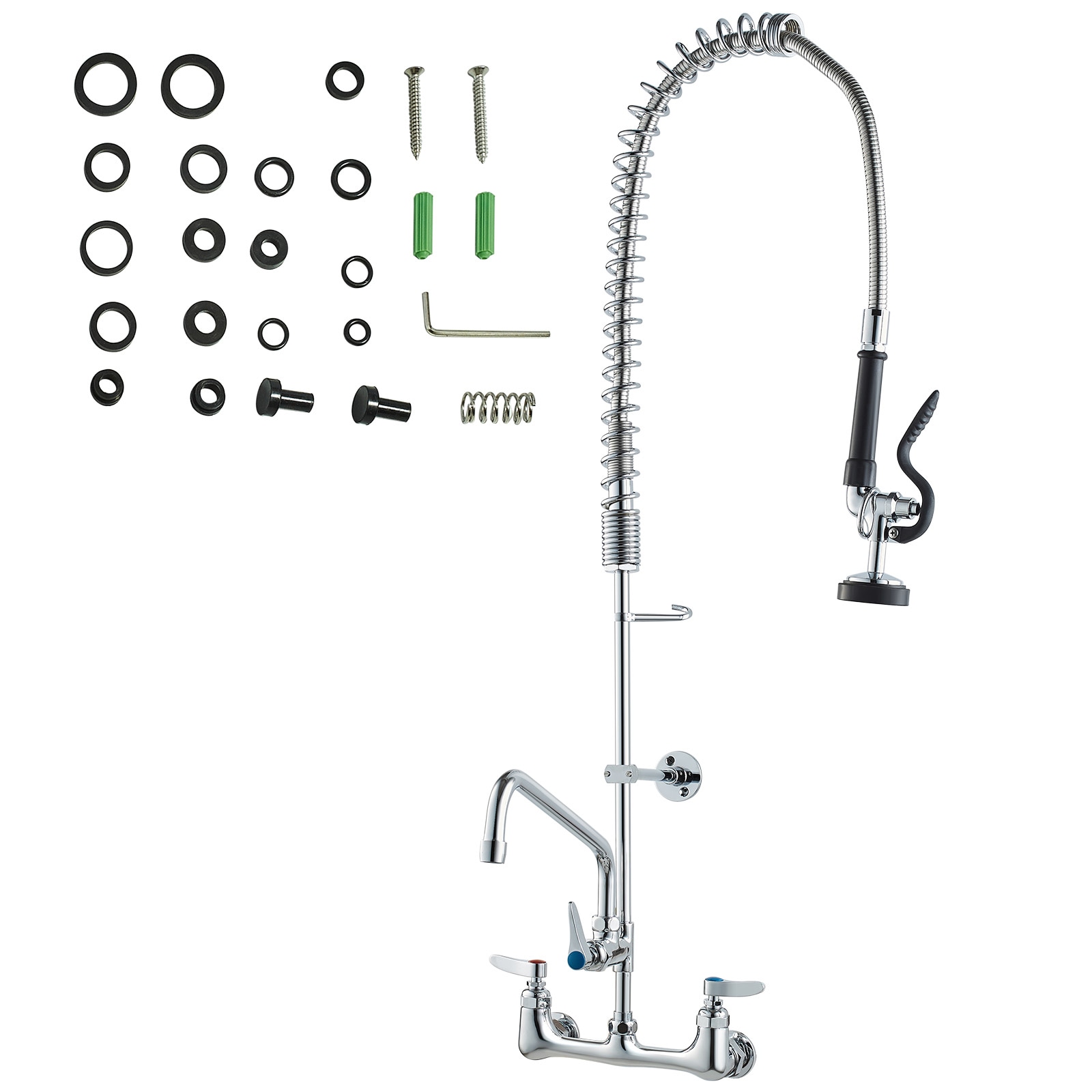GIVIMO Wall-Mount Brass Kitchen Faucet 36-in Tall - 8-in Center Pre-Rinse Faucet with 12-in Rotating Spout and 1.42-GPM Pull-Down Sprayer - Commercial Kitchen Faucet for Single Double Triple Sinks