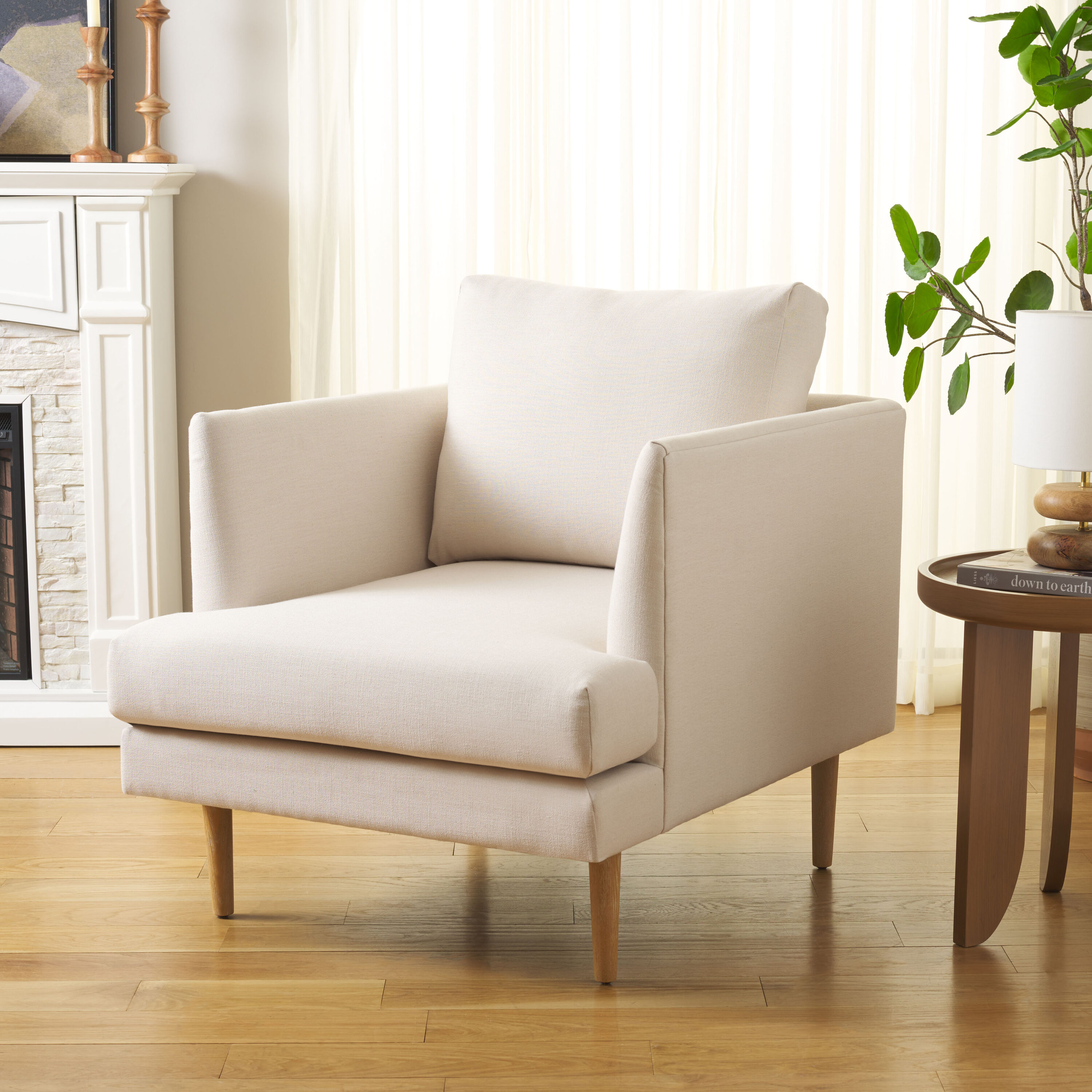 Bone Fabric Accent Chair with White-Washed Wood Legs