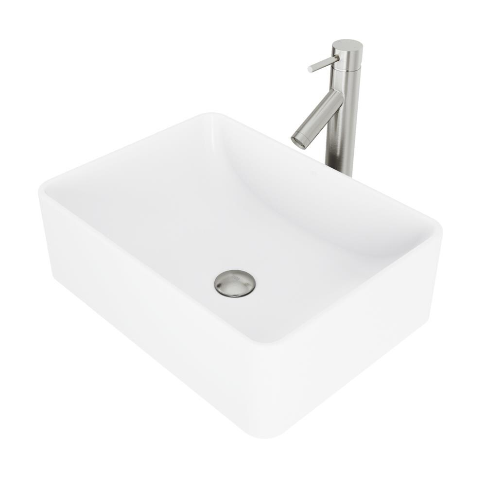 VIGO VGT1022 Vessel sink Matte White Matte Stone Vessel Rectangular Modern Bathroom Sink with Faucet Drain Included (19.75-in x 14.375-in)