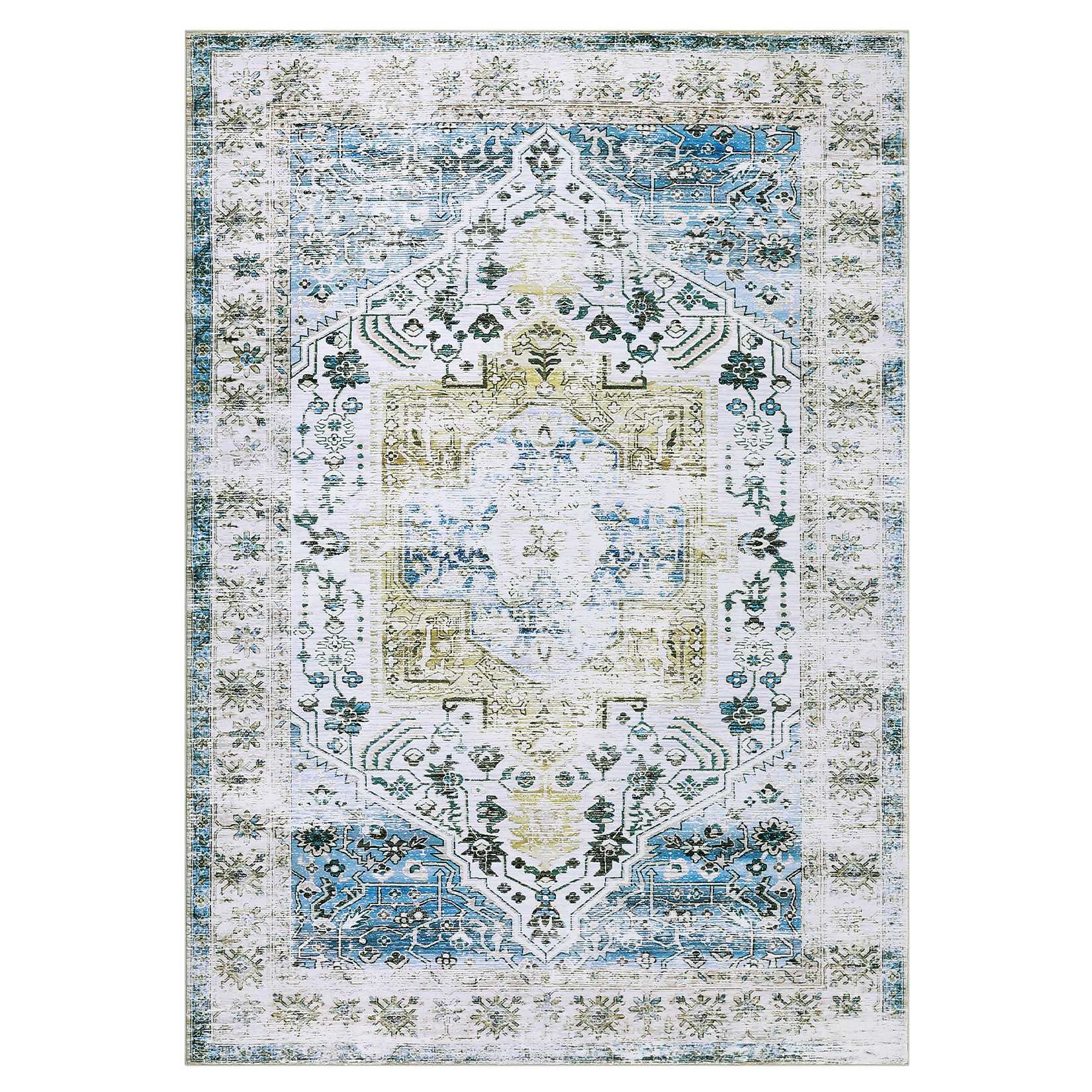 WhizMax SUNNY-PHO-16IIVZV1 Washable Vintage Soft Non Slip Rectangular Distressed Floral Print Runner Rug Blue 2 x 6(ft)