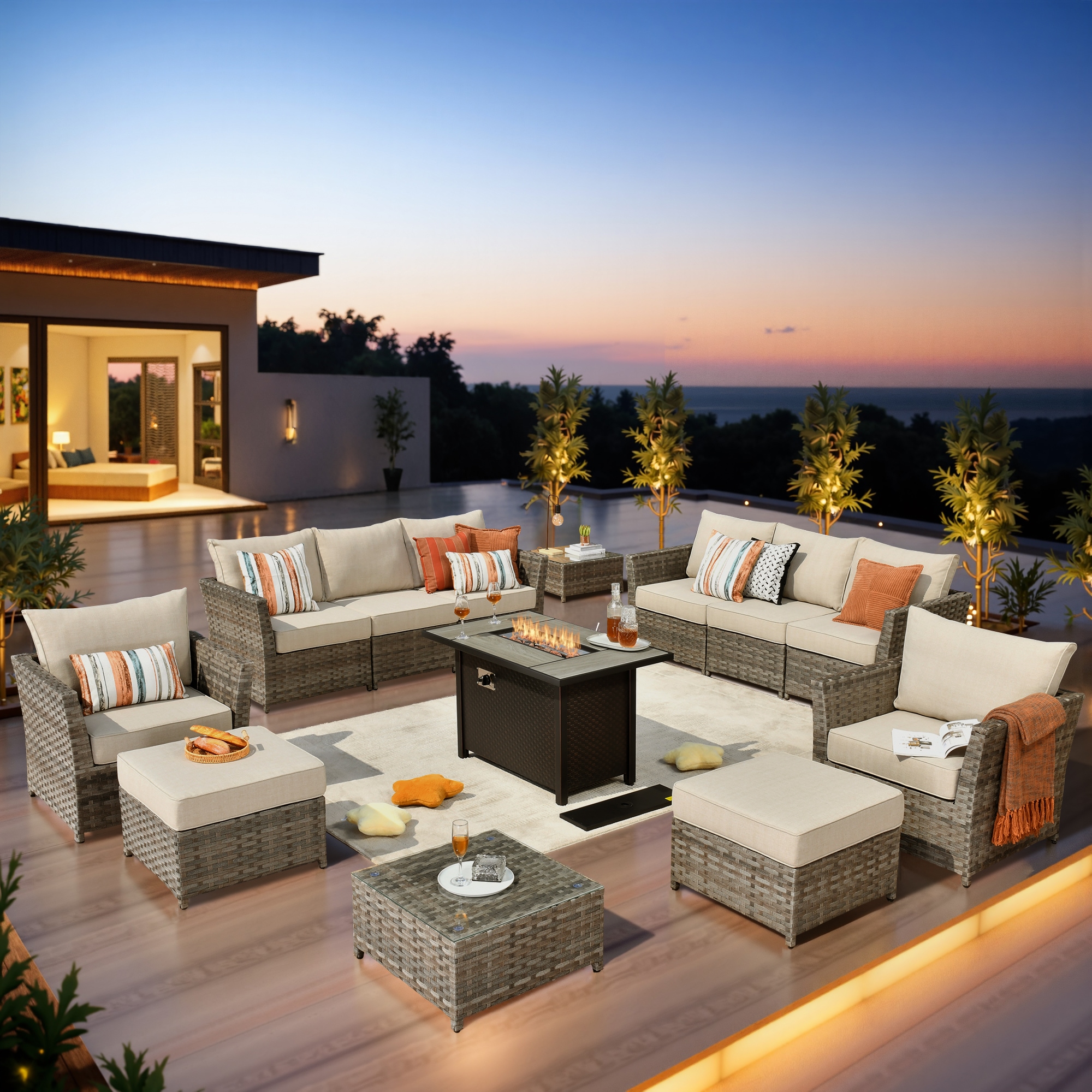 Ovios RFP03BS604 13 -Piece Wicker 2 Patio Sofa Conversation Set with Beige Cushions