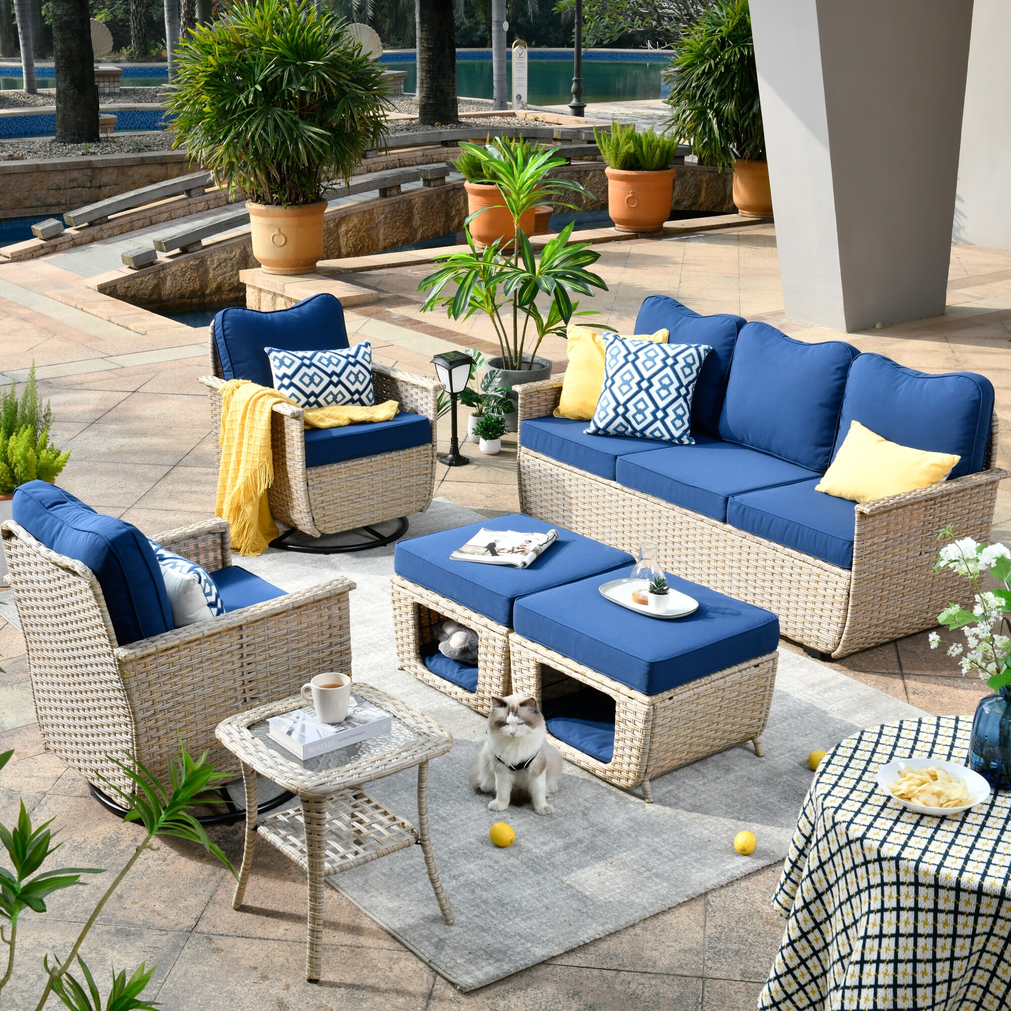 XIZZI Artemis 6-Piece Wicker Patio Conversation Set with Blue Cushions ...