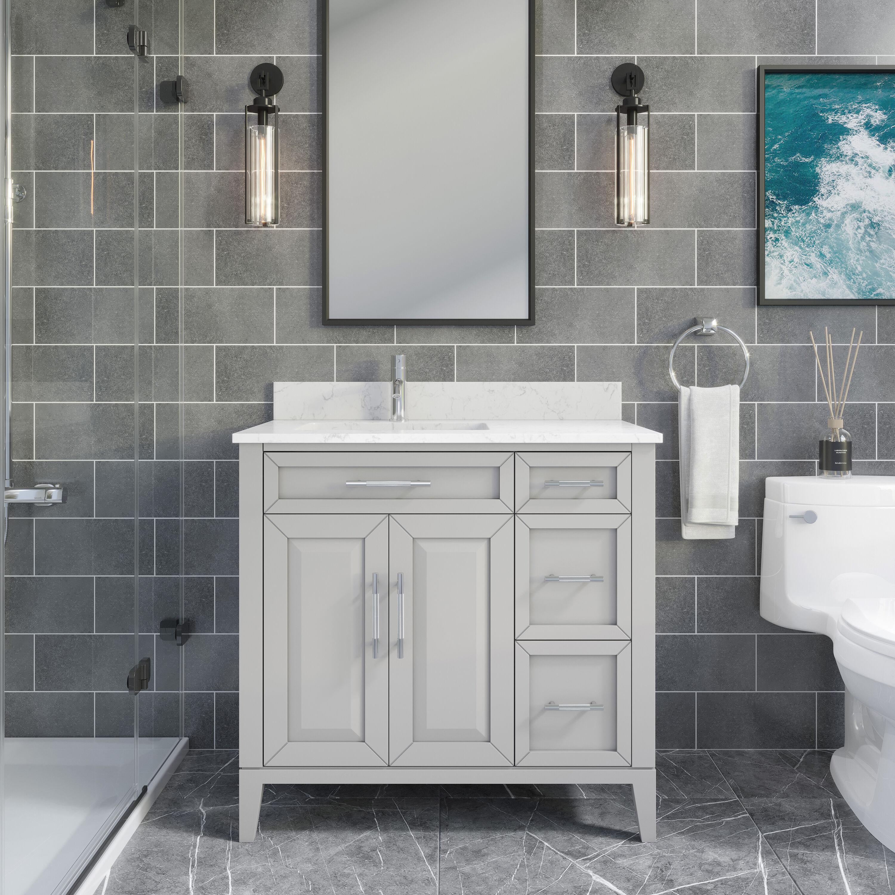 Spa Bathe 21063 Jackson 36-in Warm Grey Undermount Single Sink Bathroom Vanity with White with Gray Specks Engineered Stone Top