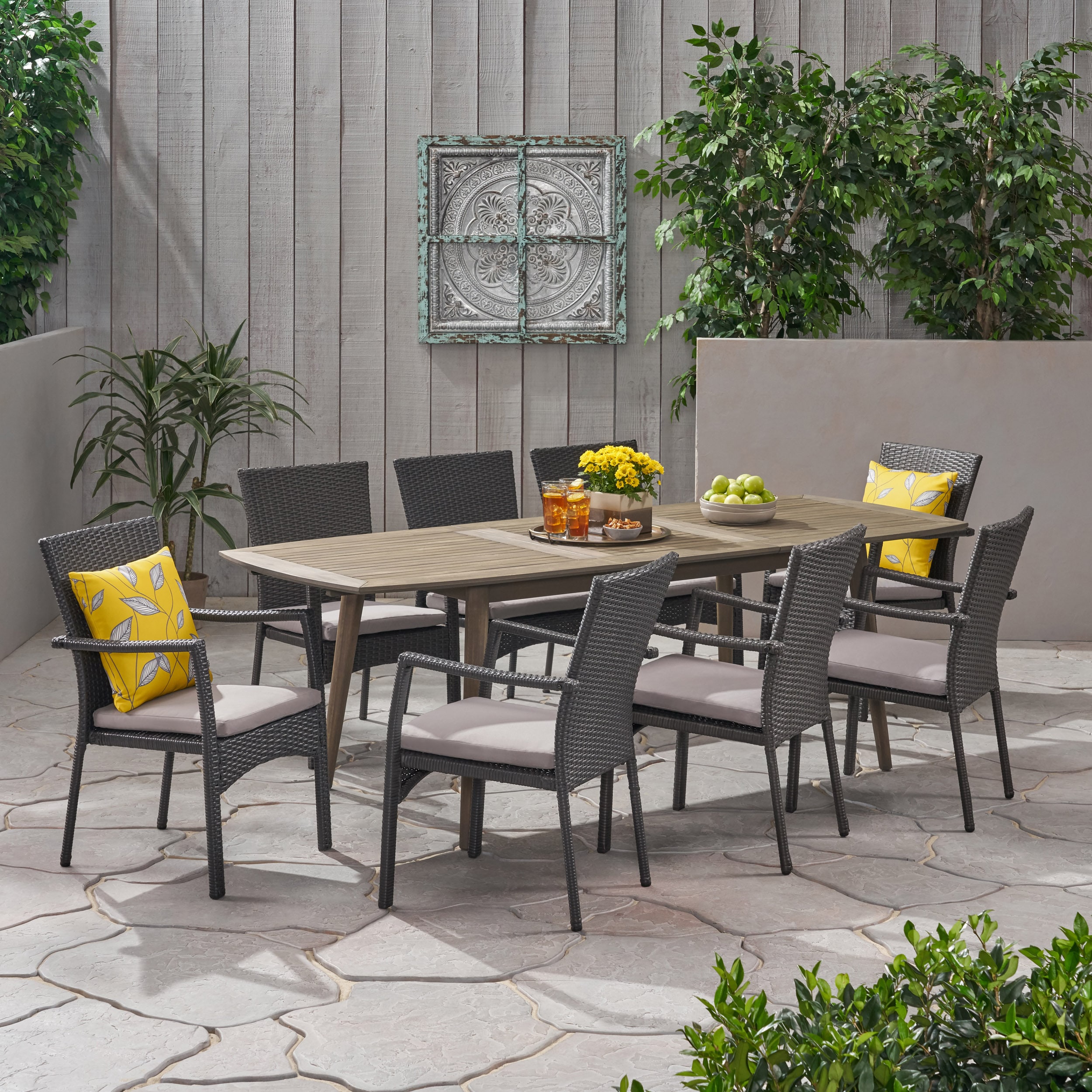 Christopher Knight Home 309615 Amanda Outdoor Wood and Wicker Expandable 8 Seater Dining Set Gray