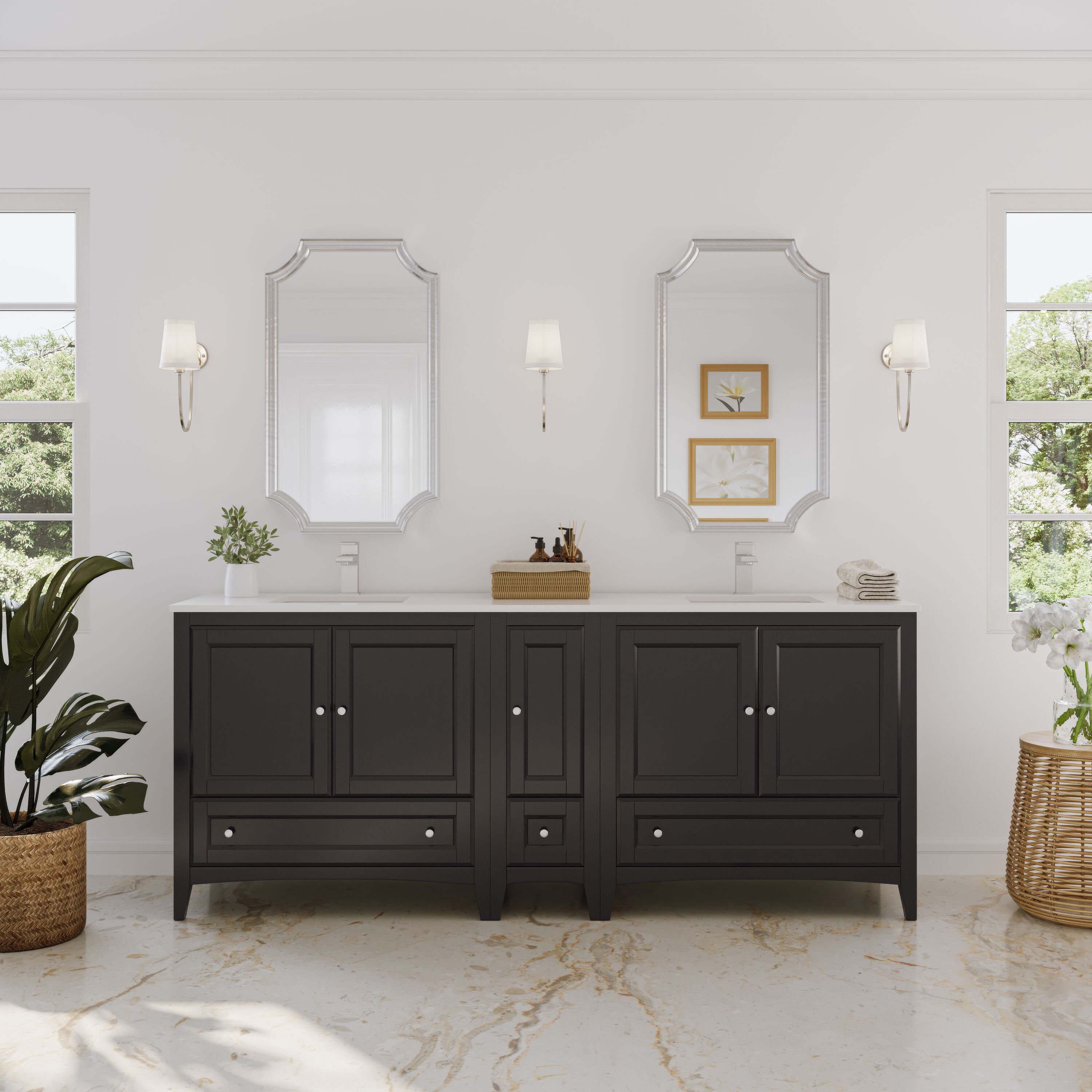 Fresca FCB20-361236ES-CWH-U Oxford 84-in Espresso Undermount Double sink Bathroom Vanity with White Quartz Top