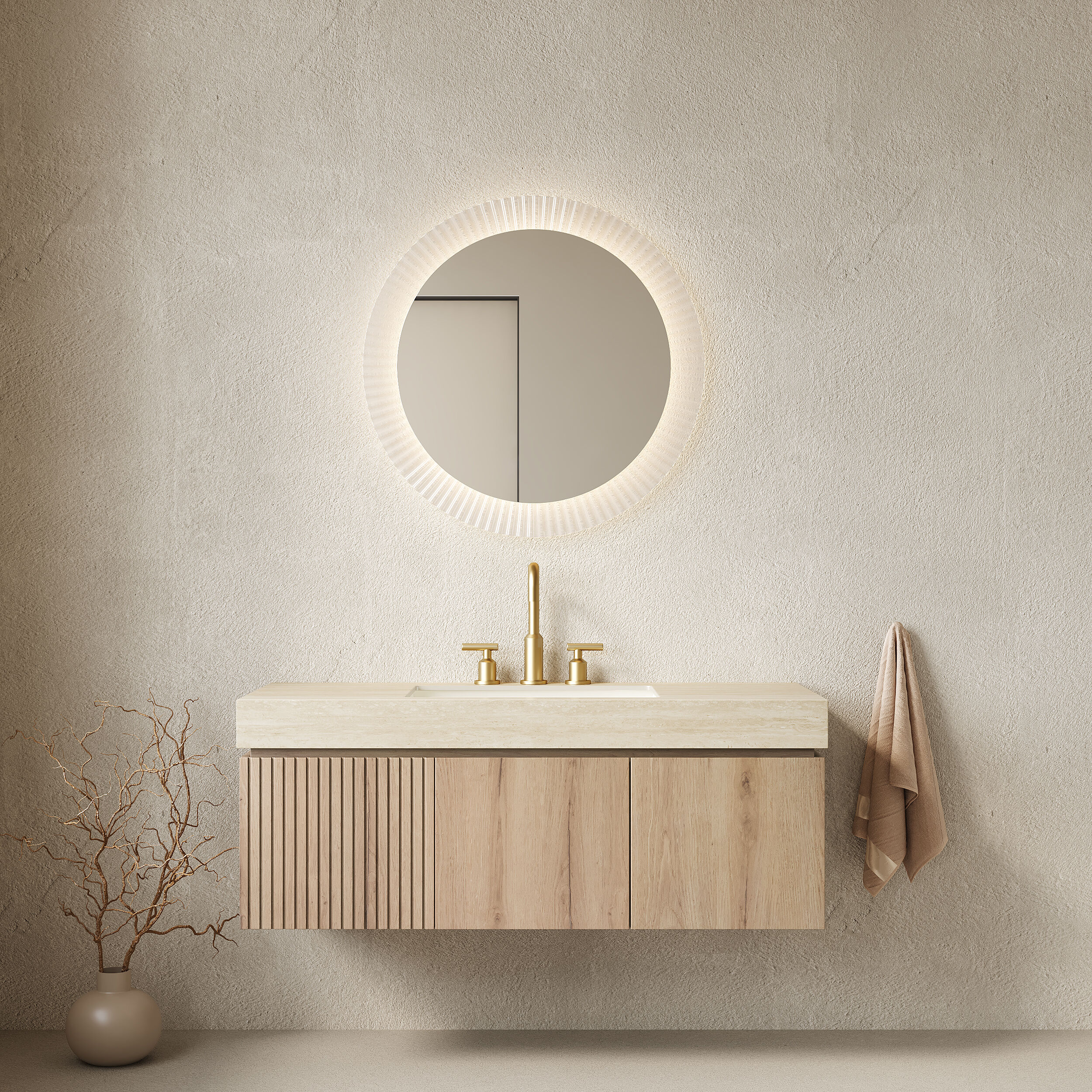 LOVMOR  White Oak 48-inch Plywood Single Sink Bathroom Vanity White Oak Sintered Stone Corner Fully Assembled