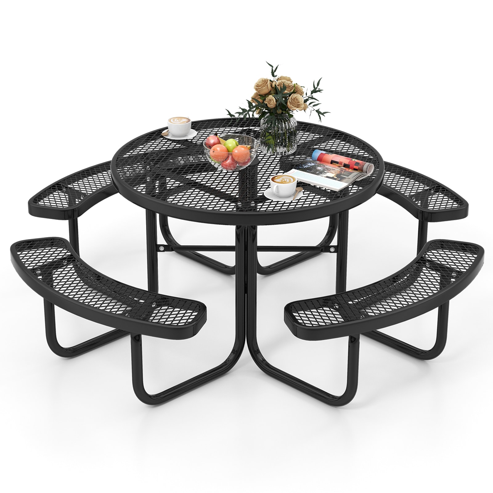 Slickblue 45 Inch- Round- Black- Metal Mesh Table with 4 Benches 8-Person Outdoor Picnic Table with Umbrella Hole for Outdoor Dining Backyard and Patio