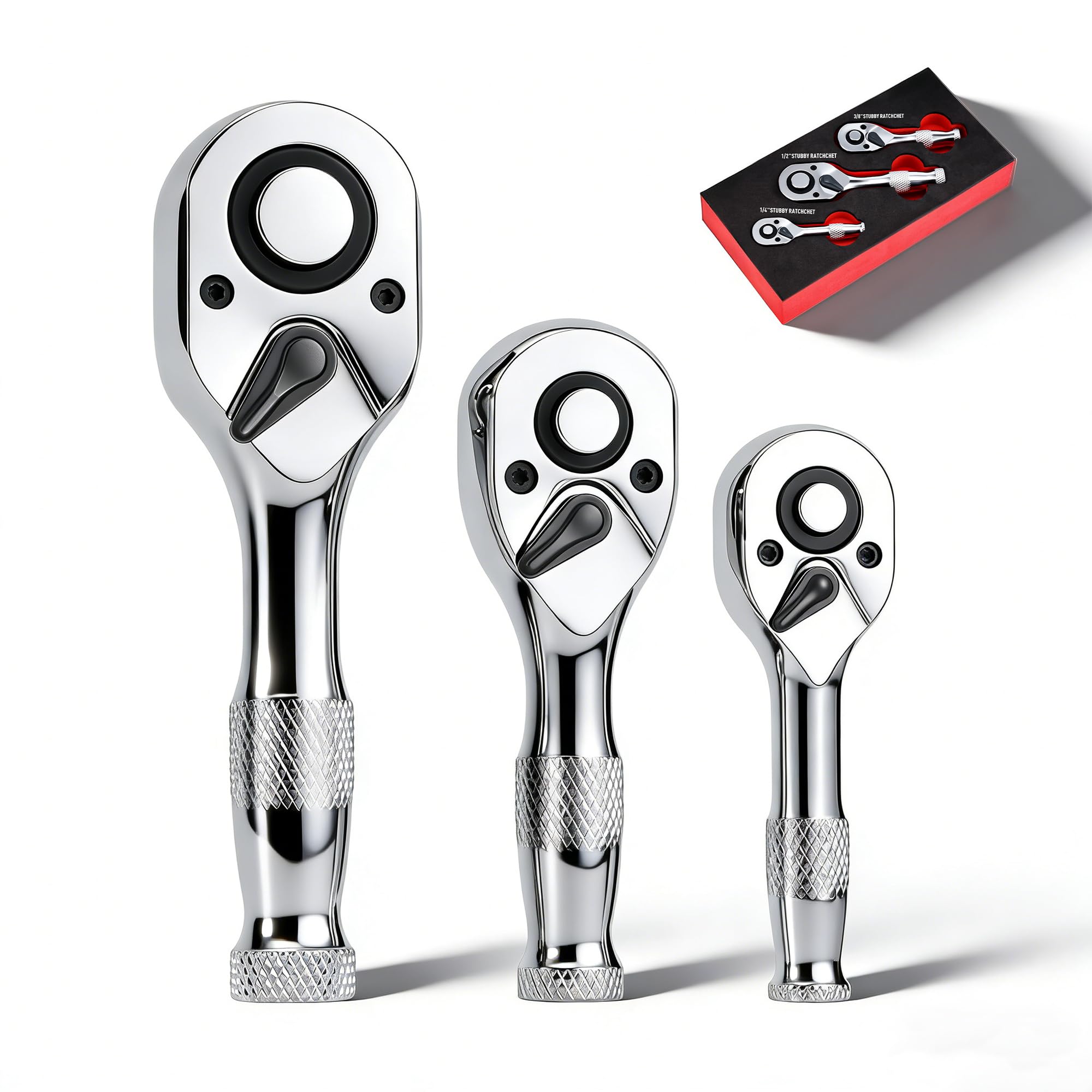 SenQWFa  3 Piece Stubby Ratchet Set with One Quarter Three Eighths and One Half Drive Sizes 72 Tooth Quick Release Mini Ratchet Wrench Set