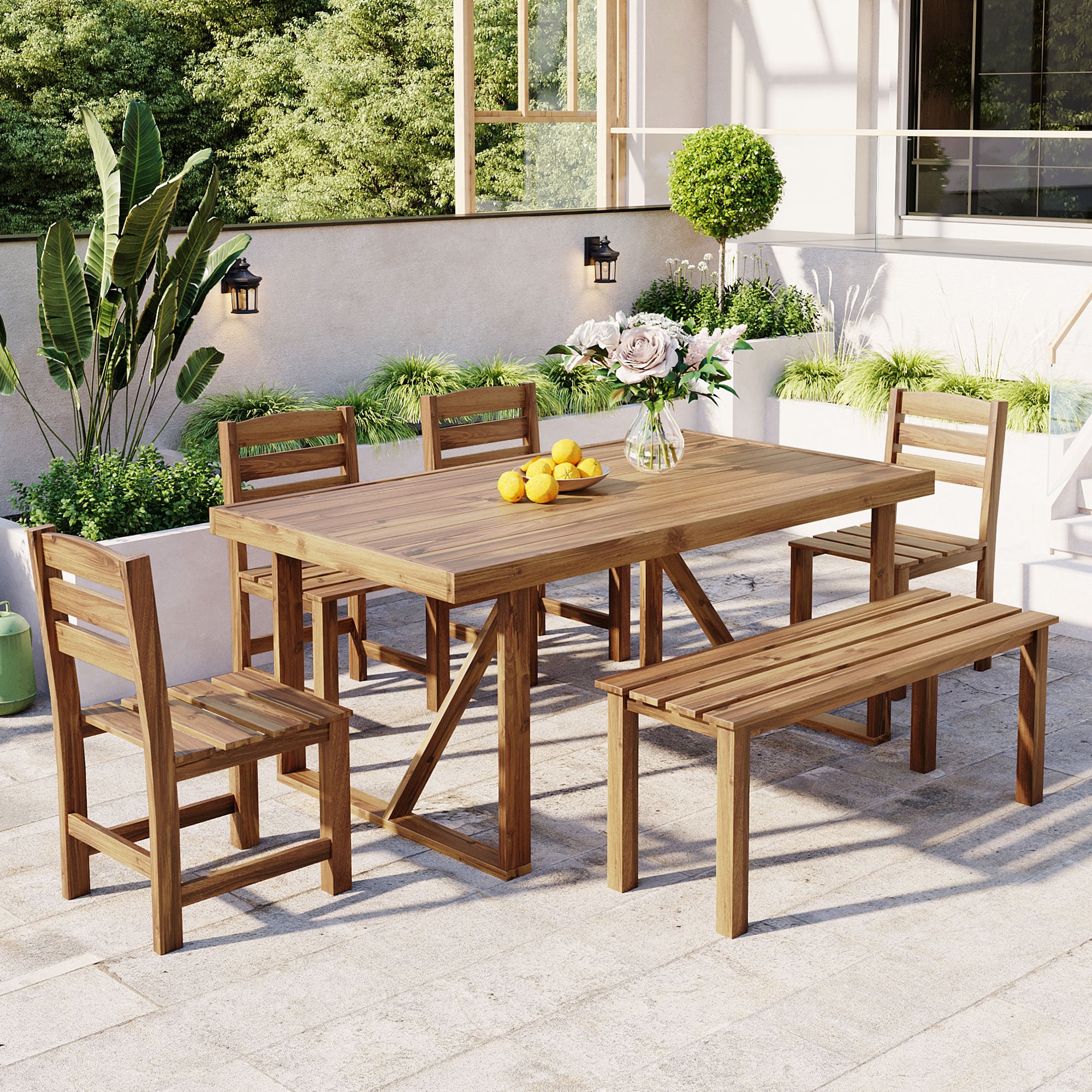 Direct Wicker DWD-396AAA-NA 6 -Piece brown Patio Dining Set Wood Rectangle Table with 4 Stationary Chairs