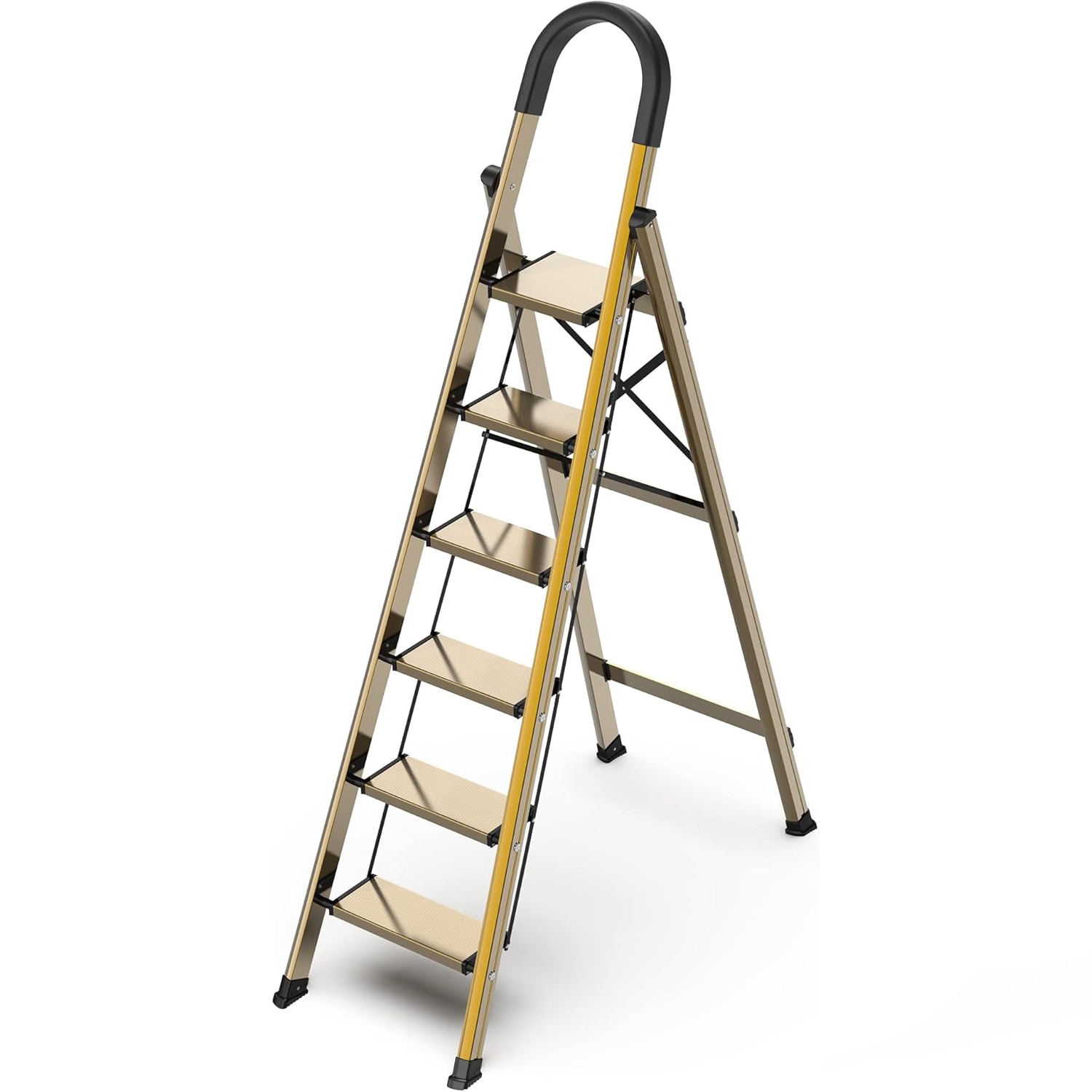 Etokfoks  6 step lightweight aluminum folding ladder for 12 ft ceiling wide anti slip pedals 300 lb capacity brown gold finish