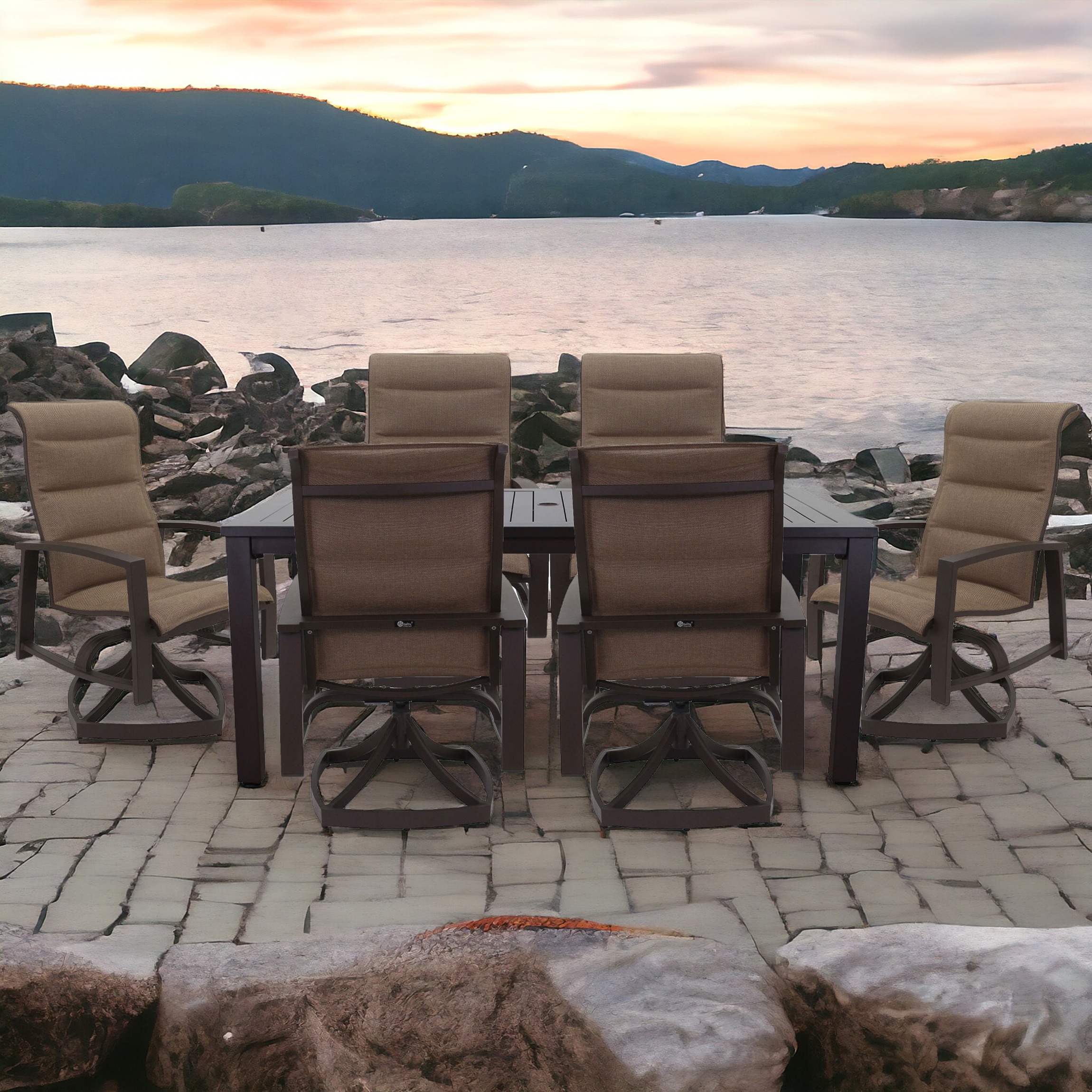 Courtyard Casual 5312 Santorini 7 -Piece Brown Patio Dining Set Aluminum Rectangle Table with 6 Brown Swivel Chairs