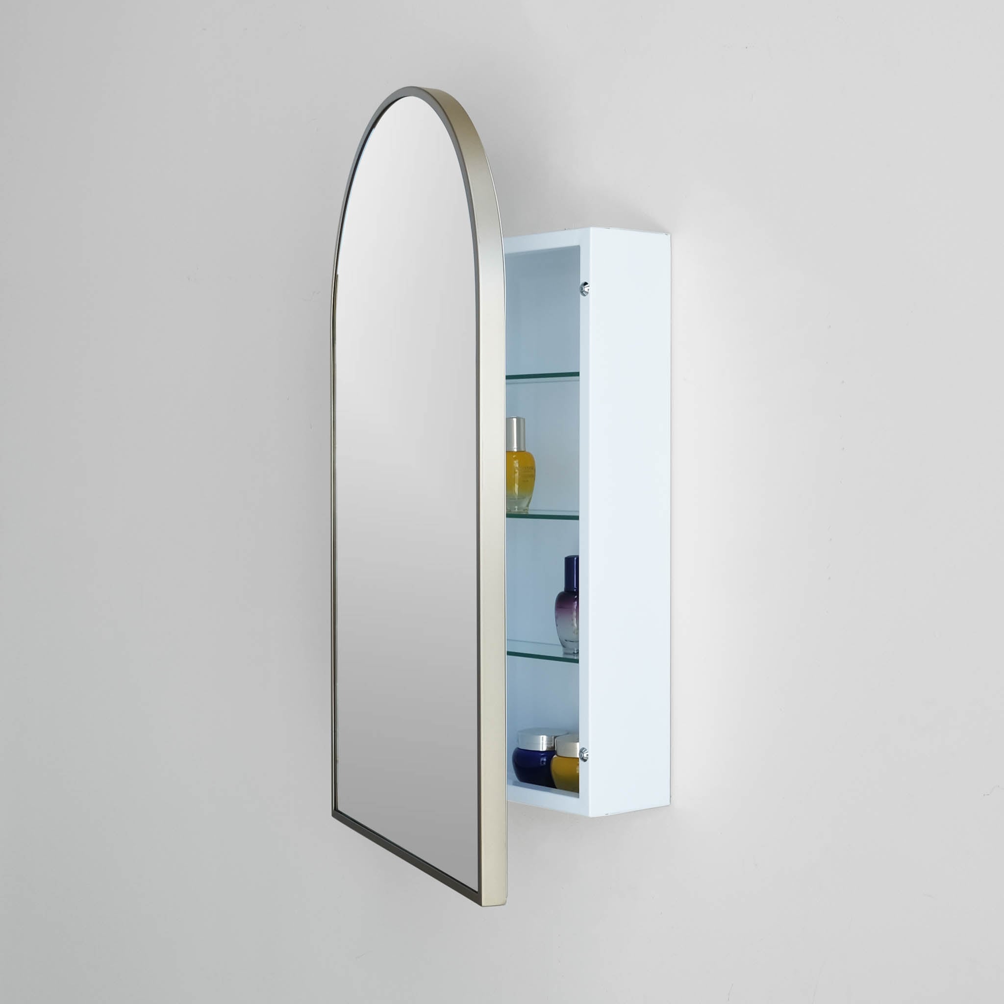 18-in x 30-in Surface Mount Gold Mirrored Arched Medicine Cabinet in ...