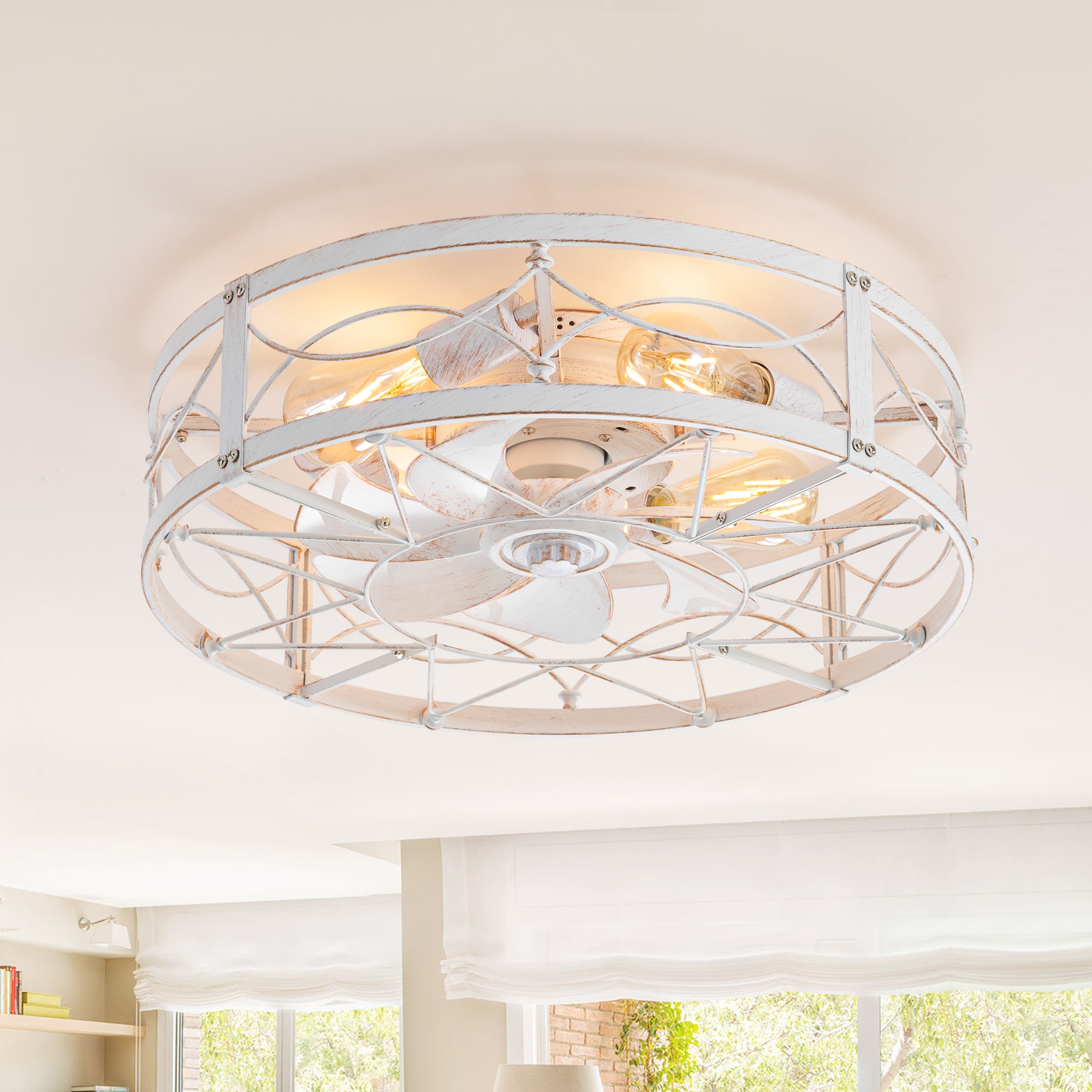 Breezary 35052-WG 20-in Integrated LED Flush Mount Distressed White and Gold with White Blades Fandelier Ceiling Fan With Light - Remote Included ( 7 -Blade )